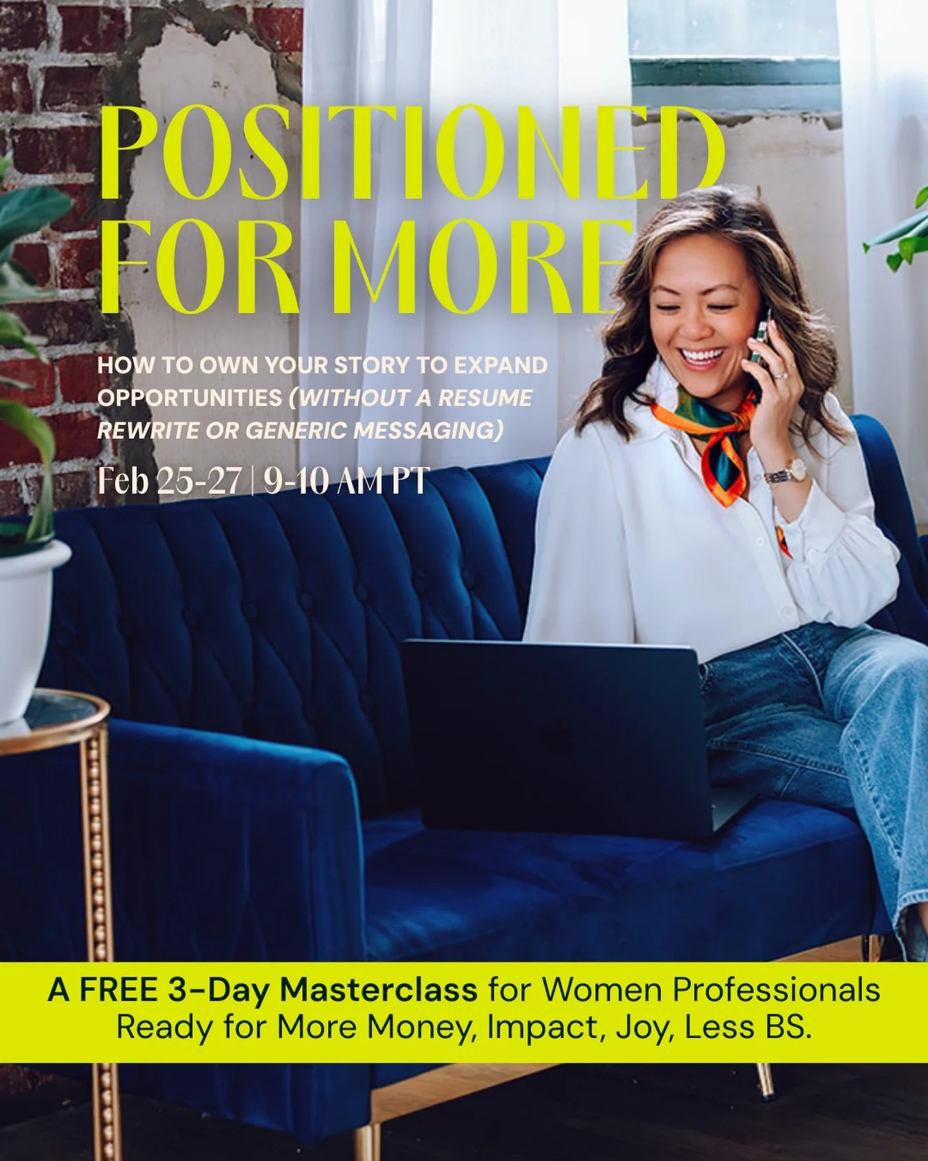 When people think of &ldquo;positioning&rdquo;, they often think:&nbsp;

&hellip; Bragging&nbsp;
&hellip; Performing&nbsp;
&hellip; Being someone they&rsquo;re not

That&rsquo;s NOT what we&rsquo;re doing at the Positioned for More Masterclass (Feb 2