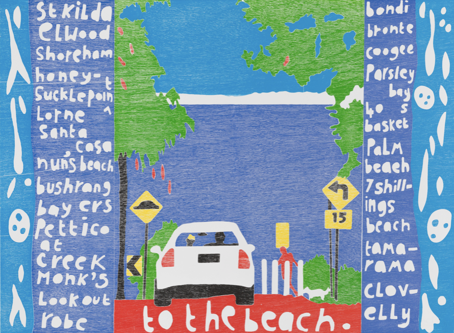 To the Beach, 2024, jigsaw woodblock print (through Kaleidoscope editions), 56 x 76cm.