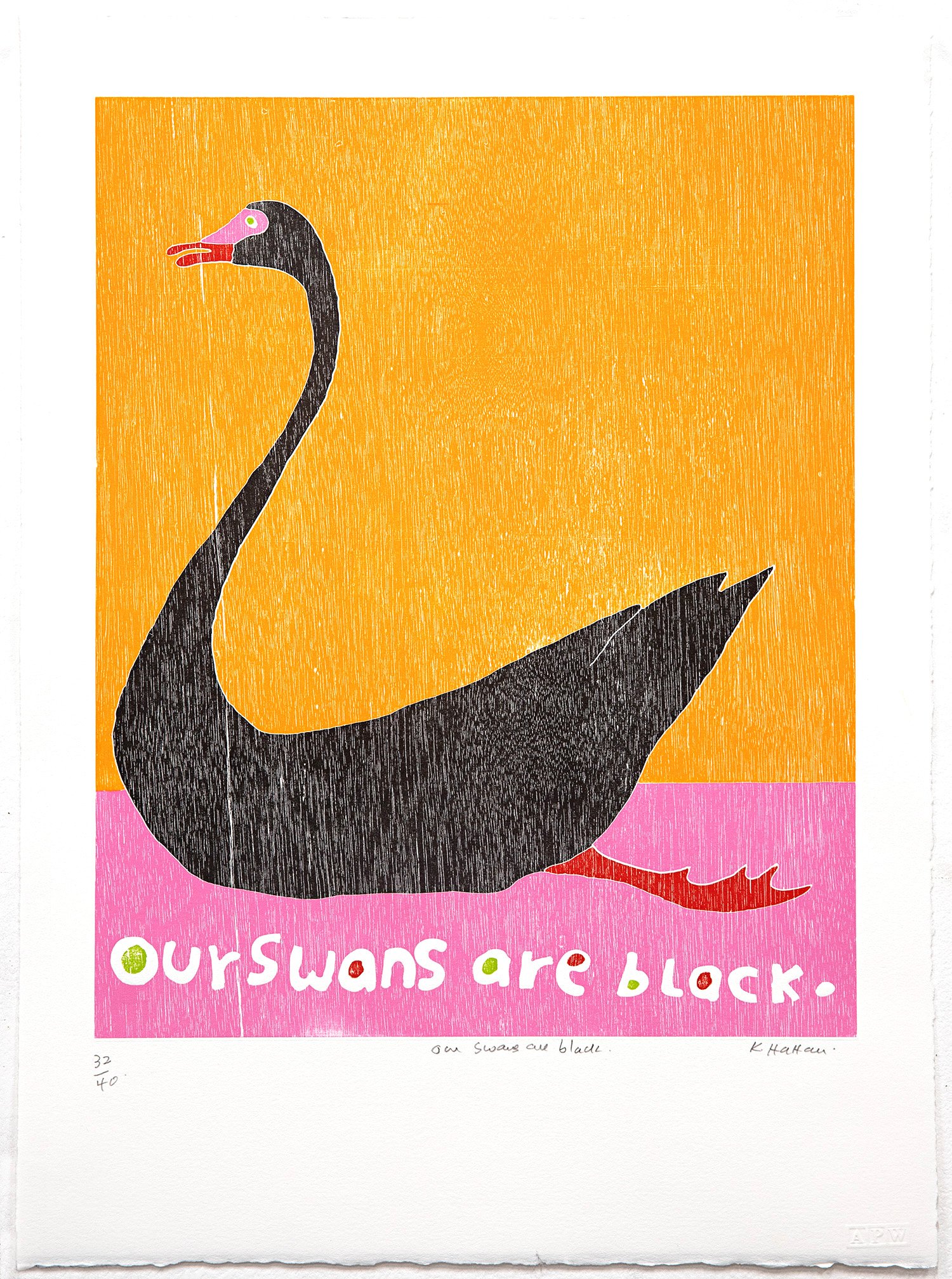 Our Swans are Black, 2023, jigsaw woodblock print (printed by APW), 52 x 38 cm.