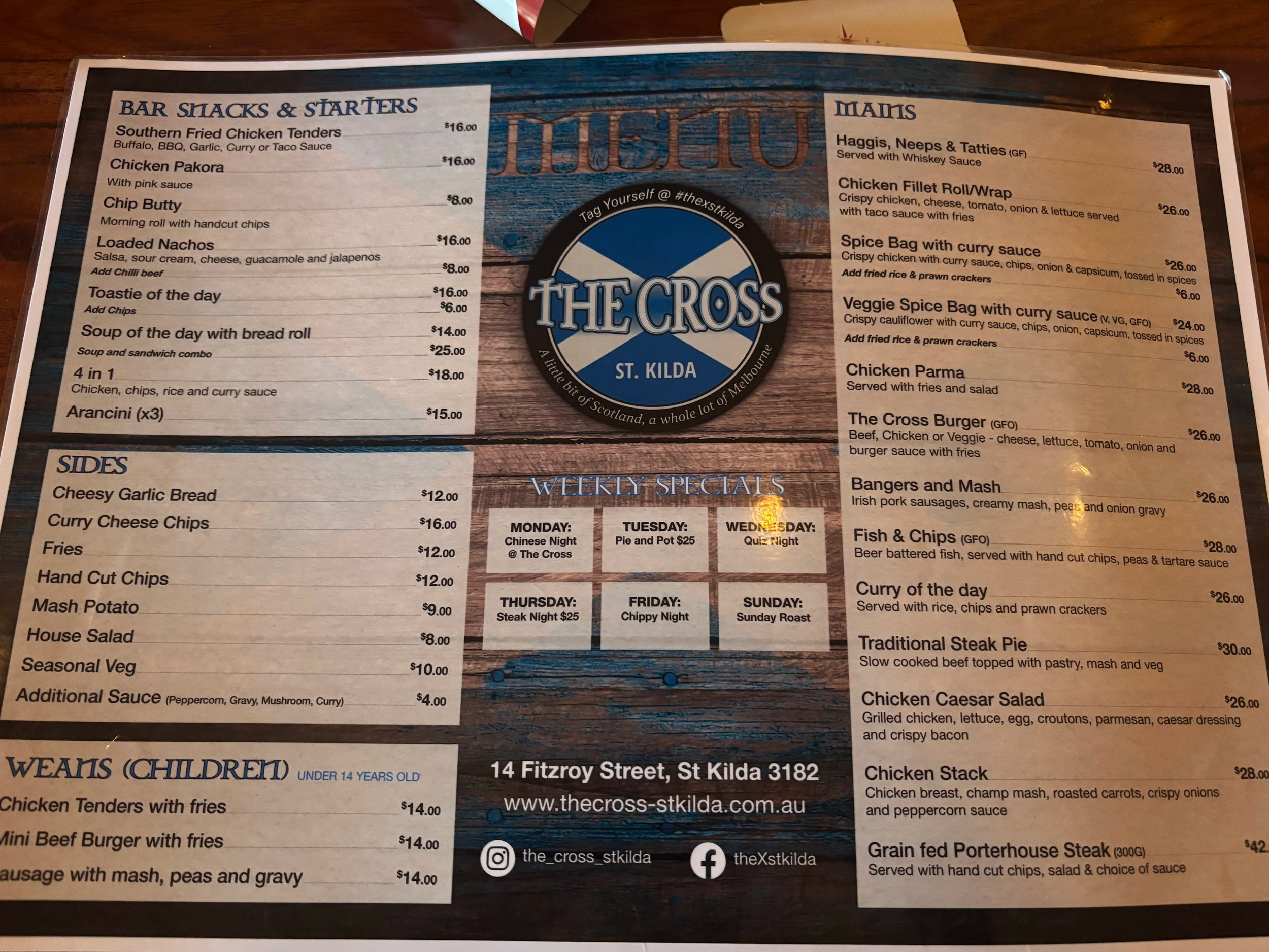 Menu at The Cross in St Kilda
