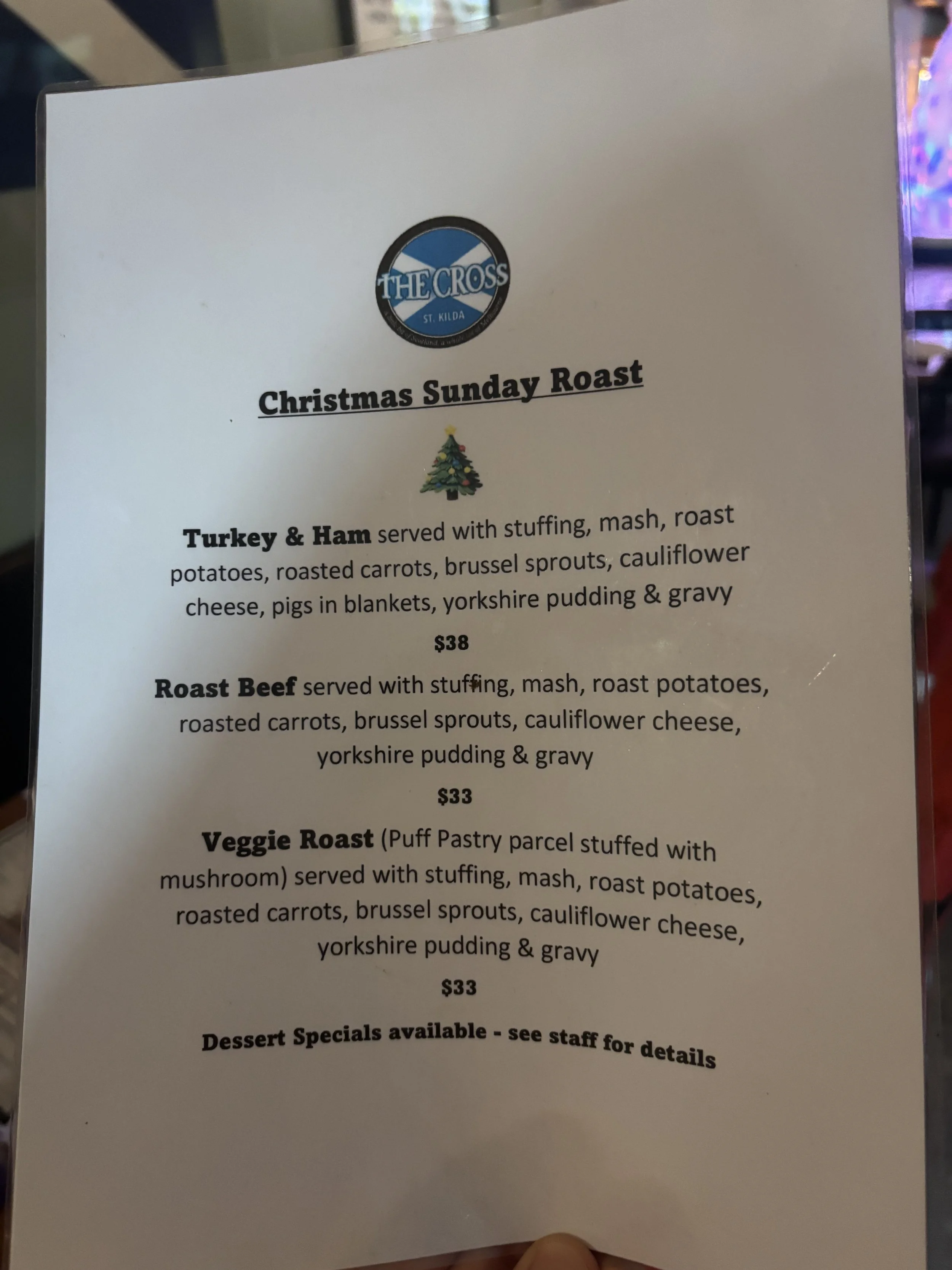 Christmas Sunday Roast menu at The Cross in St Kilda