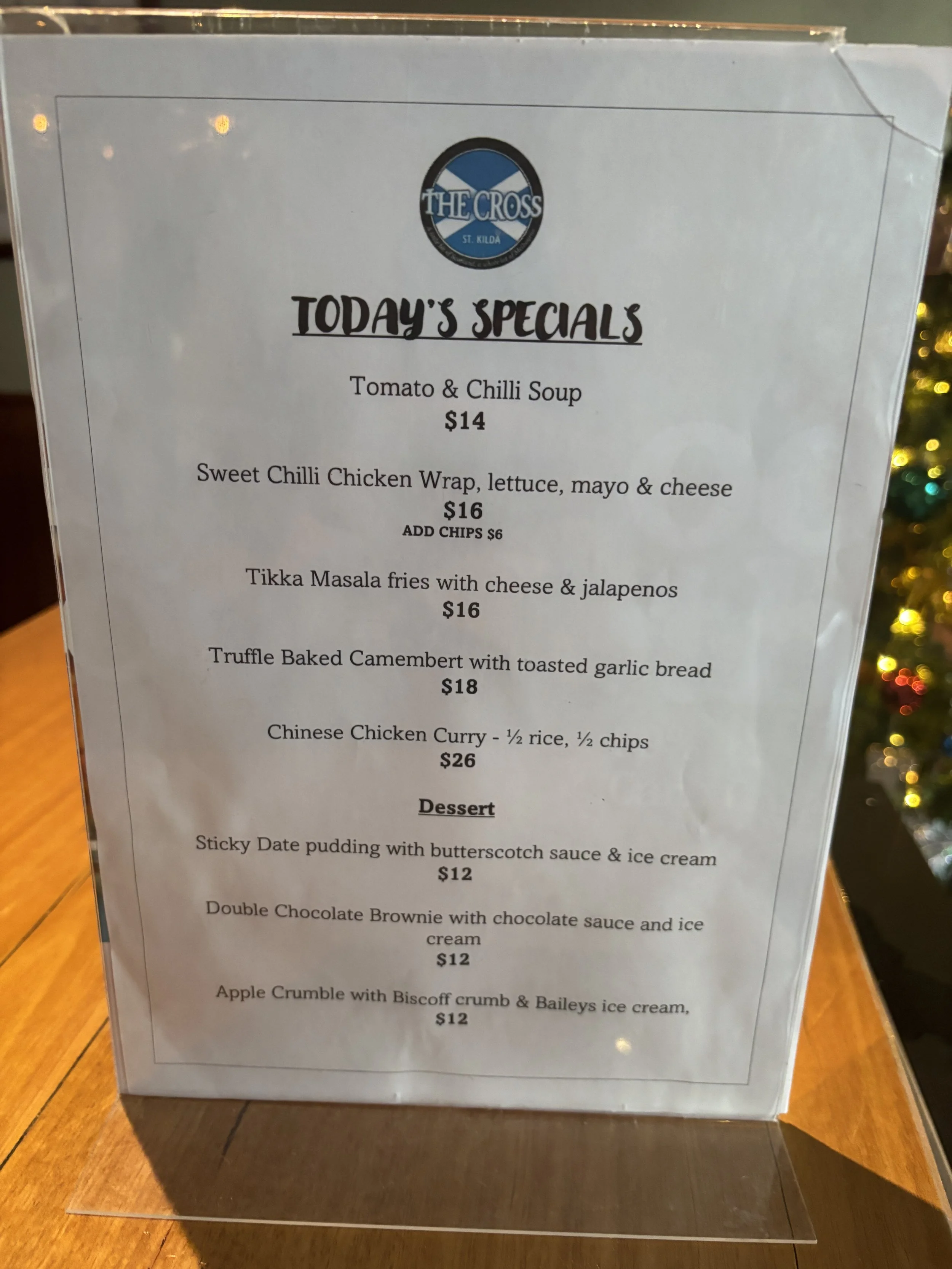 Specials menu at The Cross in St Kilda