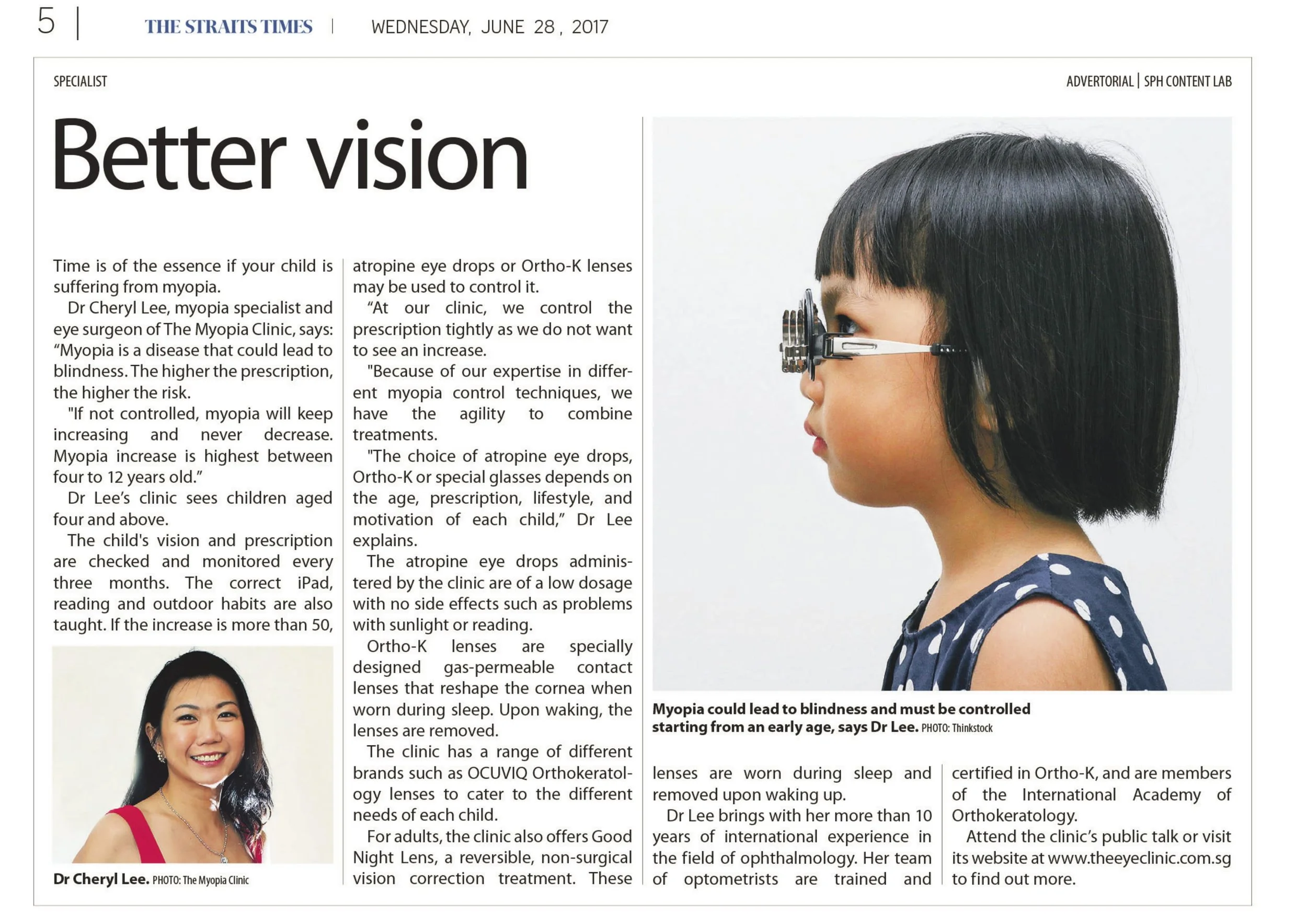 Straits times Singapore newspaper on Dr Cheryl Lee and myopia control.