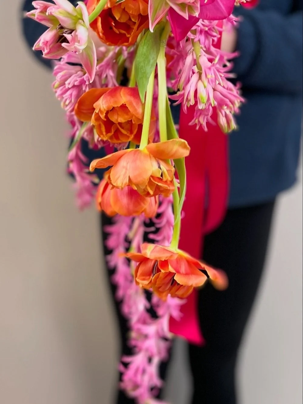 Bringing some modern vibes to showcase seasonal flowers. Hyacinth ribbons paired with double petal tulips, tied with a big bow - what more could you want! 

I&rsquo;m a big lover of bright and bold colours and I&rsquo;m obsessed with this colour comb
