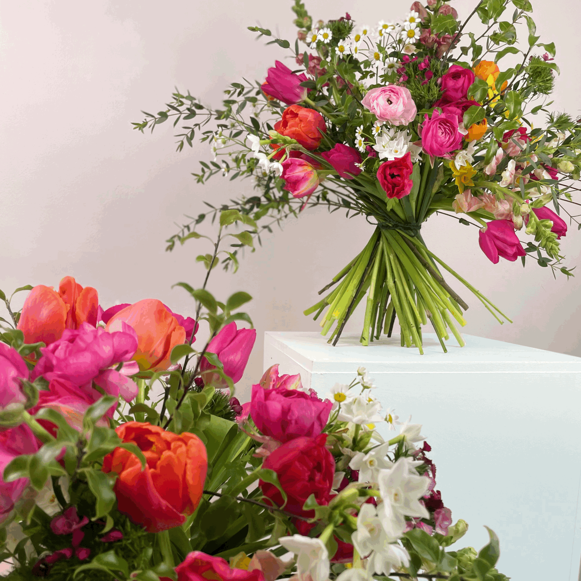 Valentine gift bouquet in bold pinks and reds, British grown, delivery in York and surrounding areas