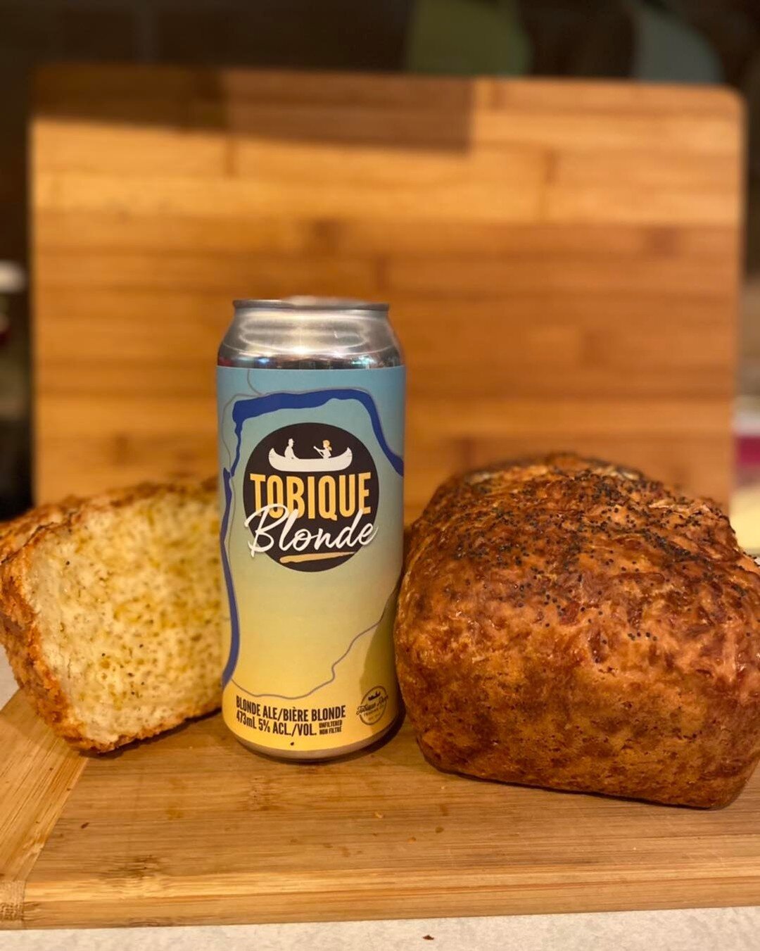 Tobique Blonde from Tobique River Trading Co.  It&rsquo;s not only good for &ldquo;guzzling&rdquo;. It&rsquo;s absolutely delicious in our signature cheesy beer bread.  Stop into the taproom today and pick yours up 
#tobiquerivertradingco #longlakead