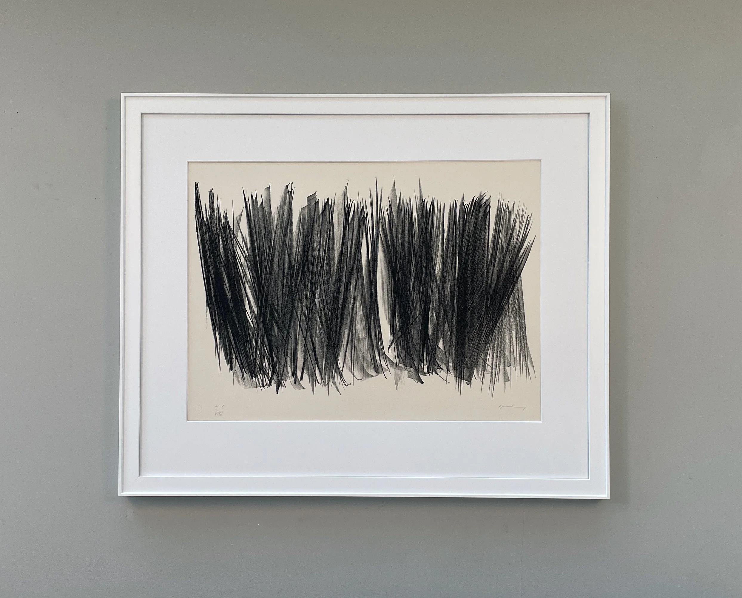Hans Hartung (1904-1989) L 1963-106 Framed using conservation materials and glazed with museum grade low reflective museum glass. Framed dimesnsions 84.7 x 102.3 x 4.0 cm E22-4 Nick Skipp Fine Art