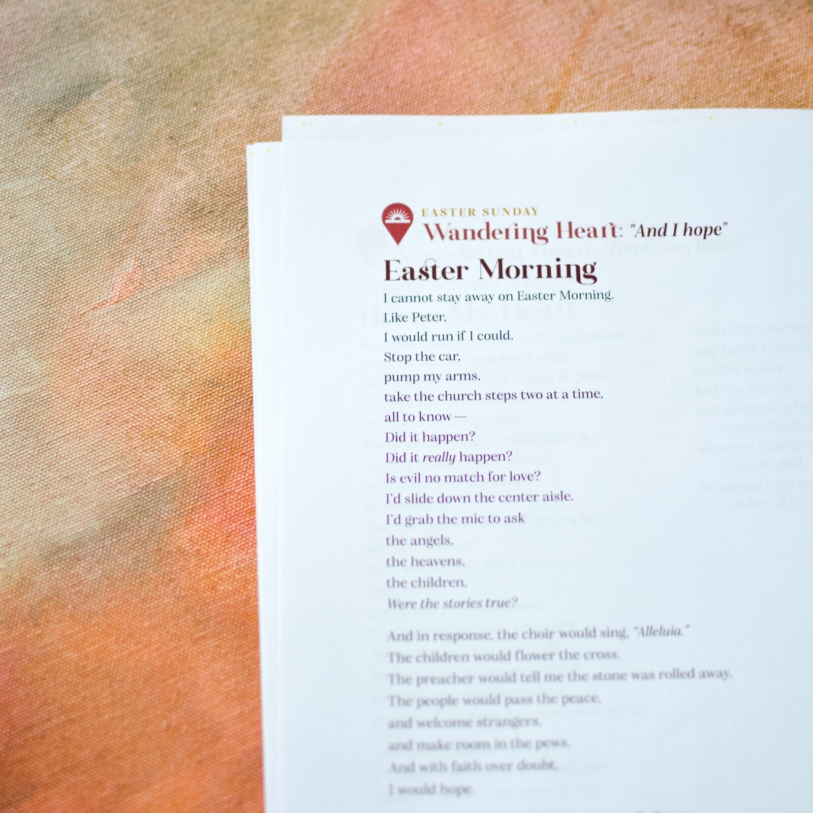 Like Peter, 
I would run if I could.
Stop the car,
pump my arms, 
take the church steps two at a time,
all to know- 
Did it happen? 
Did it really happen? 
Is evil no match for love?

-from the poem &ldquo;Easter Morning&rdquo; by Rev. Sarah A. Speed