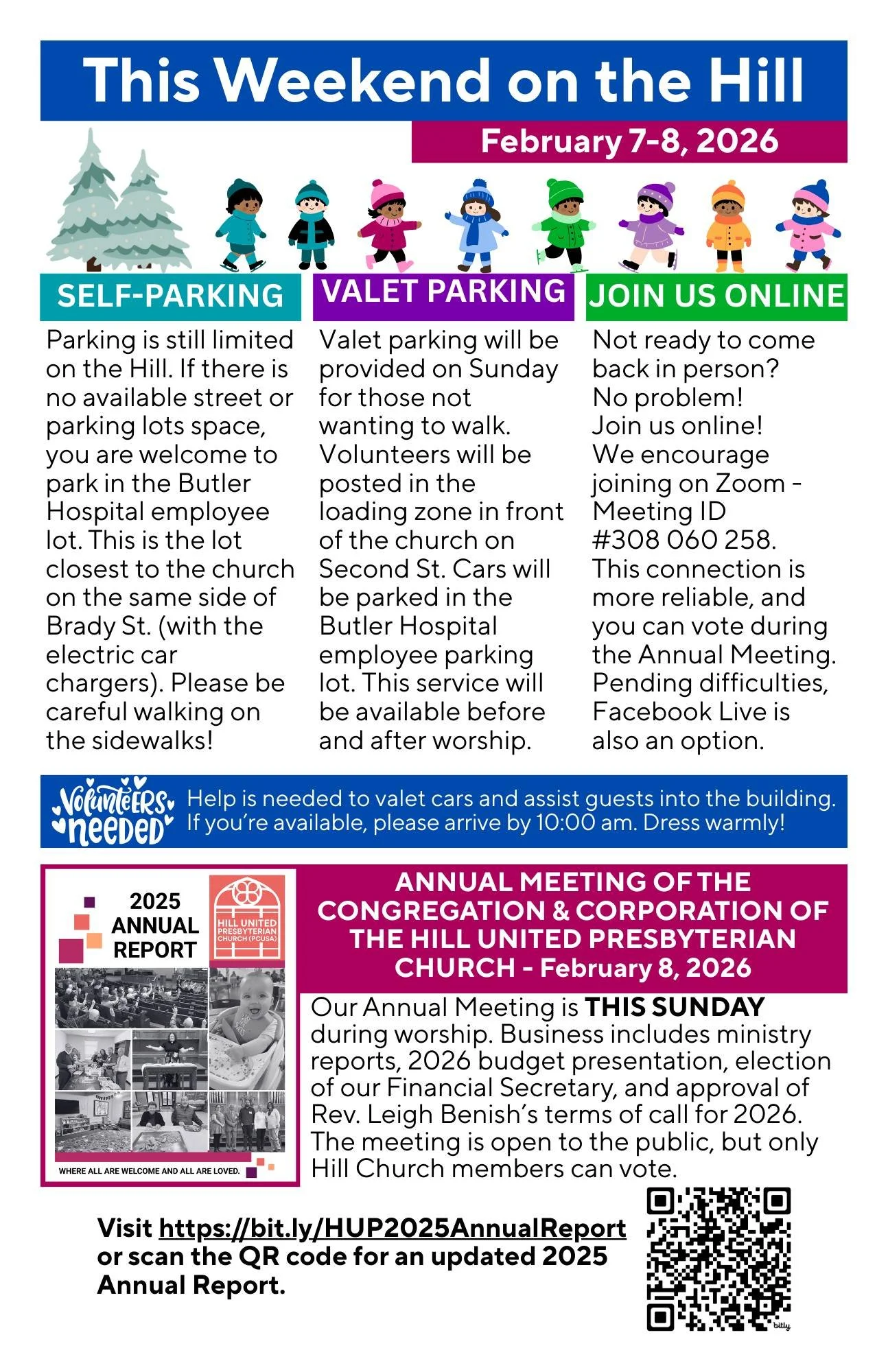 We're open for worship! But please use your best judgement. See above for information on parking, virtual worship, and the annual meeting.

Please note: VOLUNTEERS ARE NEEDED to help with valet parking and assistance into the building. If you are ava