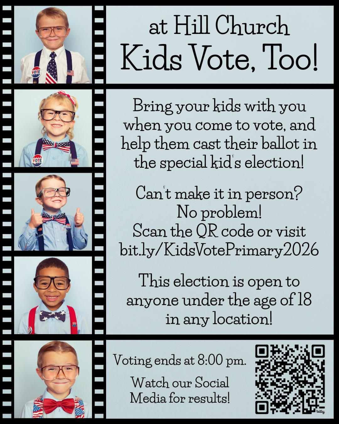 ALL voices matter at Hill Church!
Please encourage your kids to vote!
https://bit.ly/KidsVotePrimary2026
🇺🇸✅🗳⭐❤️🤍💙
#PrimaryElection2026 #YourVoteCounts #KidsVote