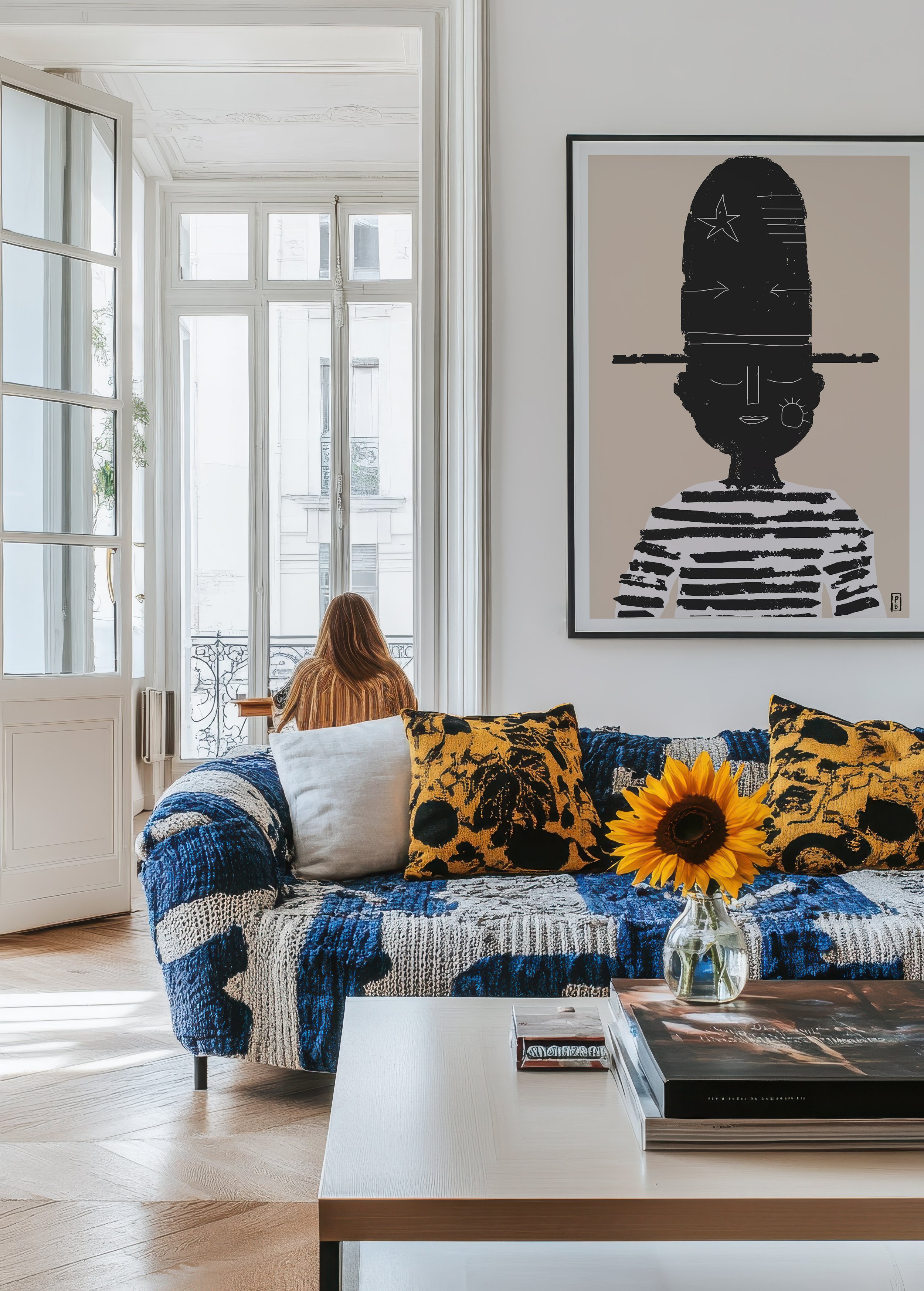 Art print from original gouache illustration of an abstract portrait with striped shirt and black hat framed