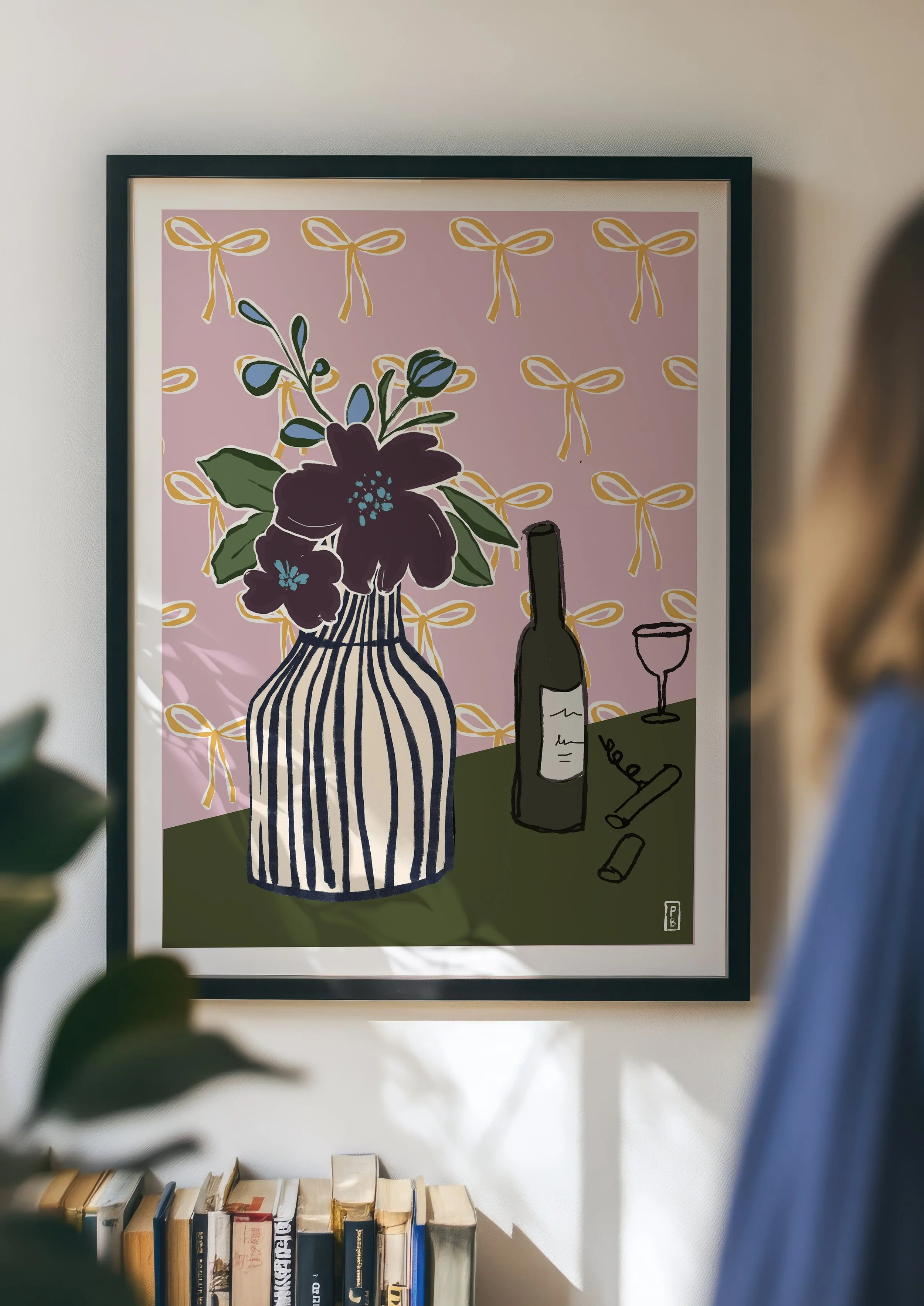 Art pritns botanical from original painting of purple flowers in navy and white striped vase