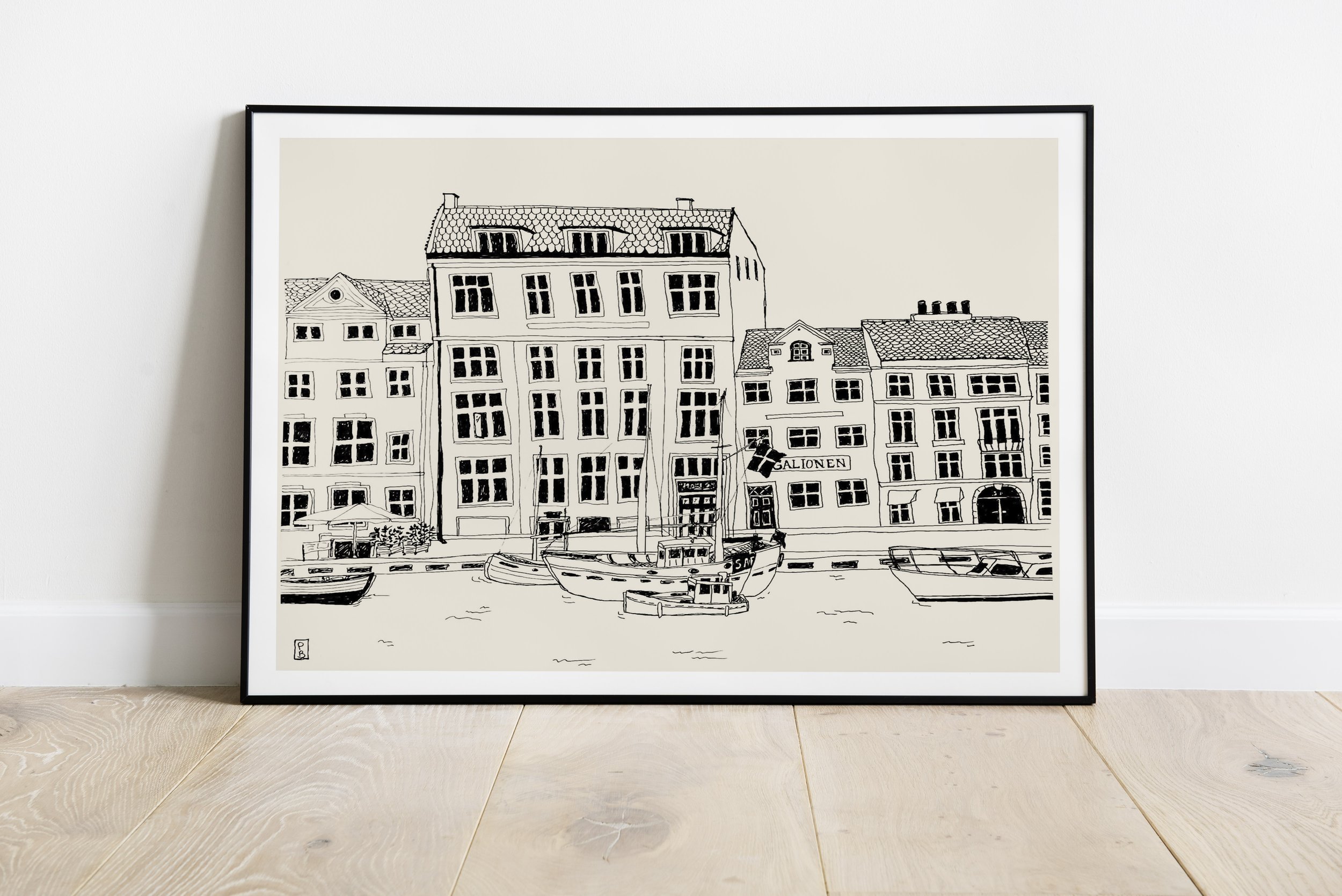 Travel prints line art of buildings in Denmark