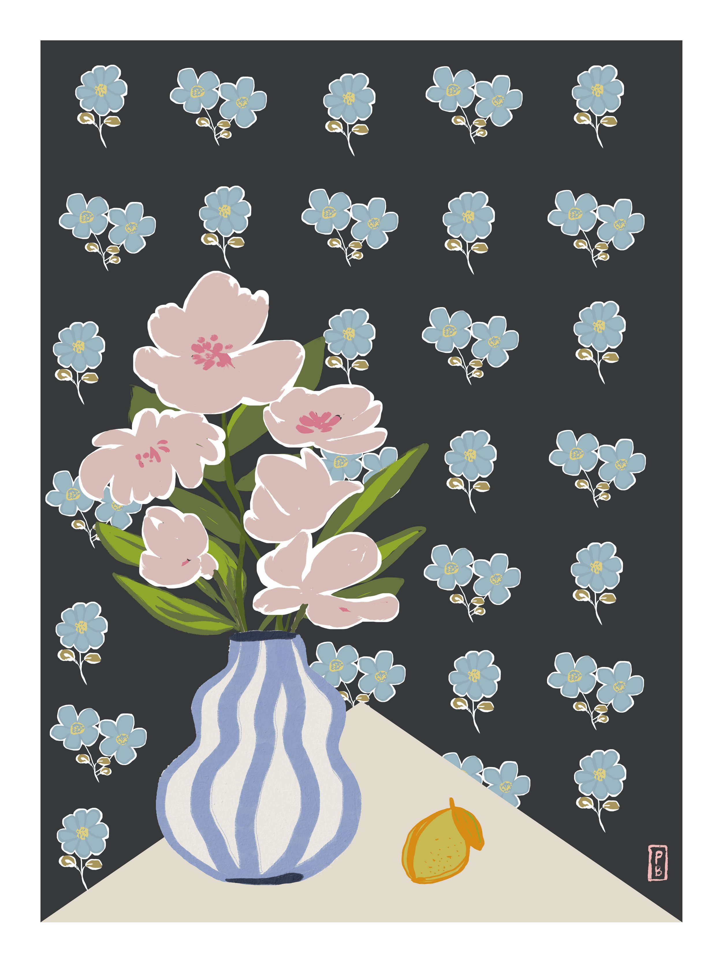 Art pritns botanical from original painting of pink flowers in blue and white striped vase