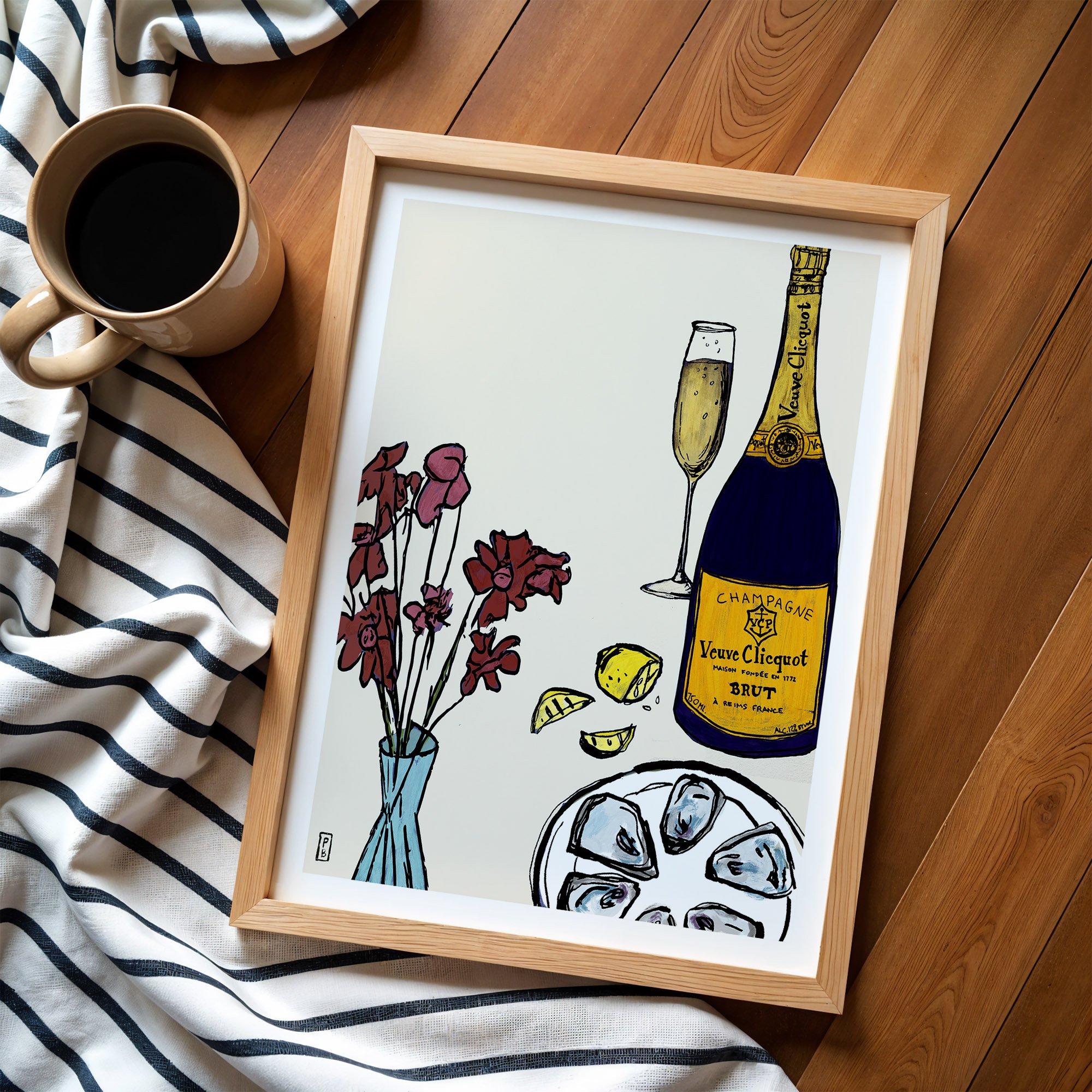 Food art pictures champagne and oysters framed for home decor