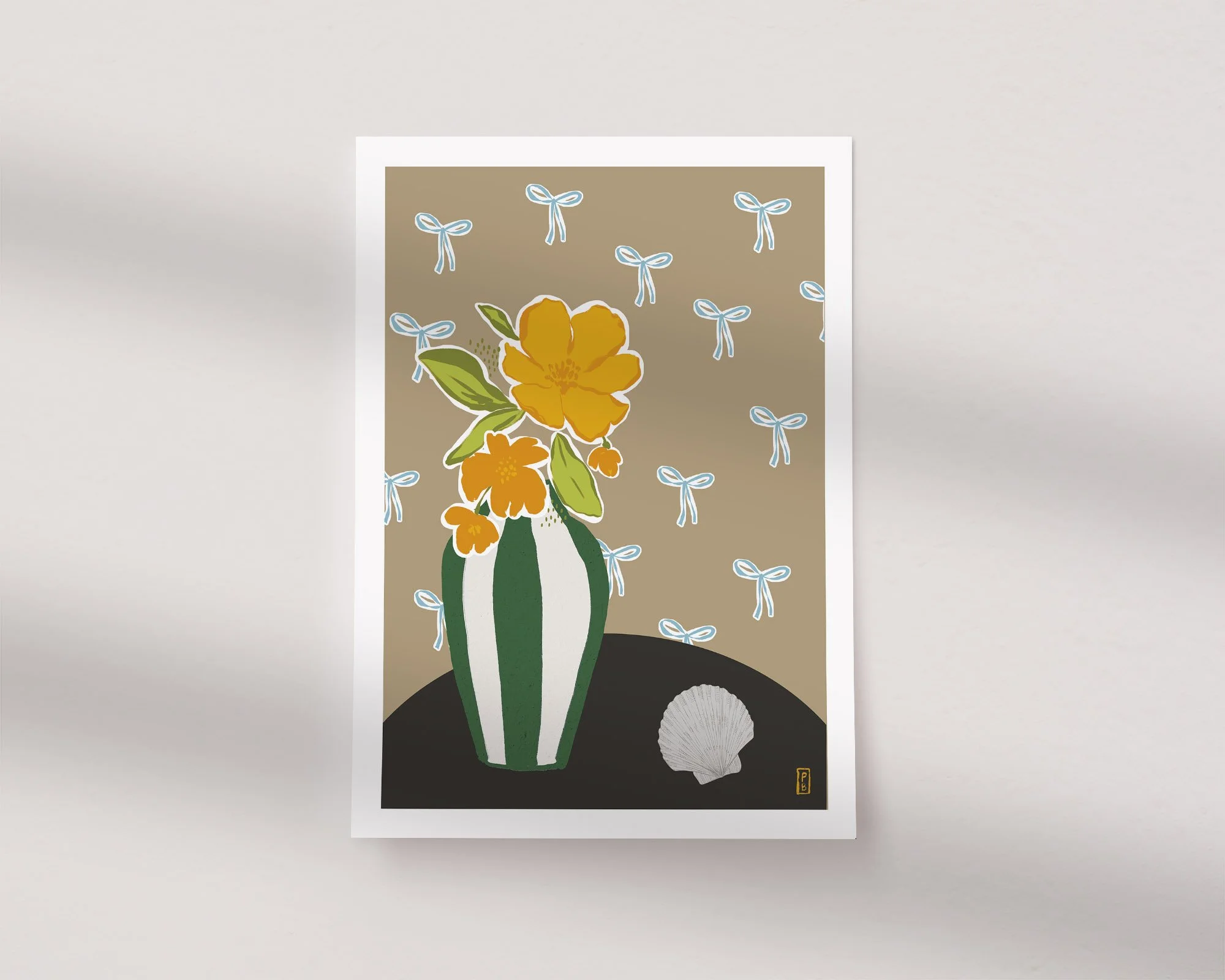 Art pritns botanical from original painting of orange flowers in green and white striped vase