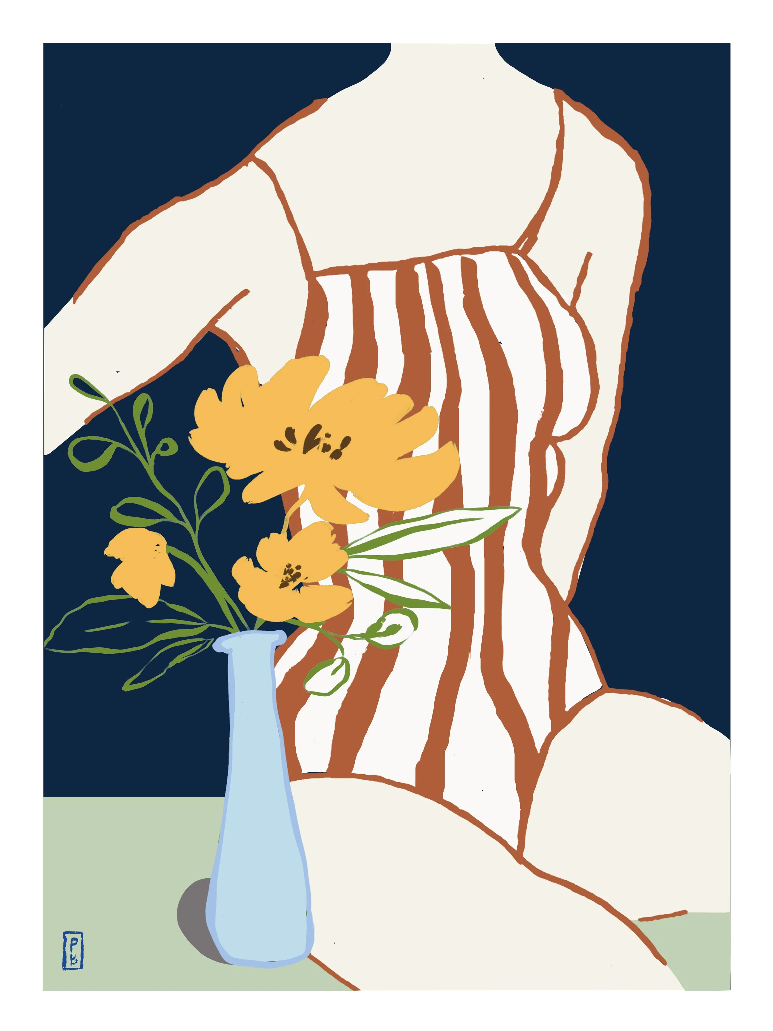 Figurative Floral Art Print Woman with Yellow Flowers in Blue Vase