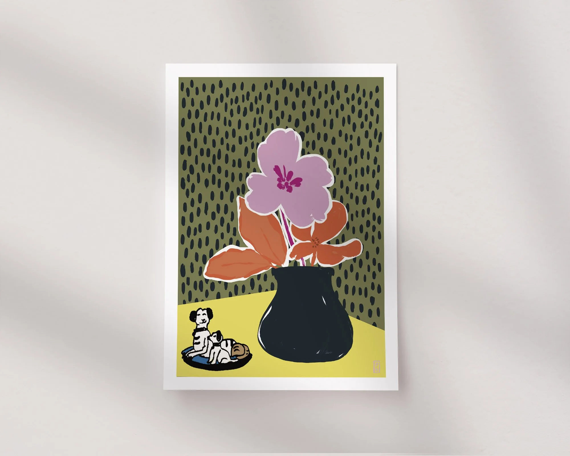 Art pritns botanical from original painting of pink flower in black vase
