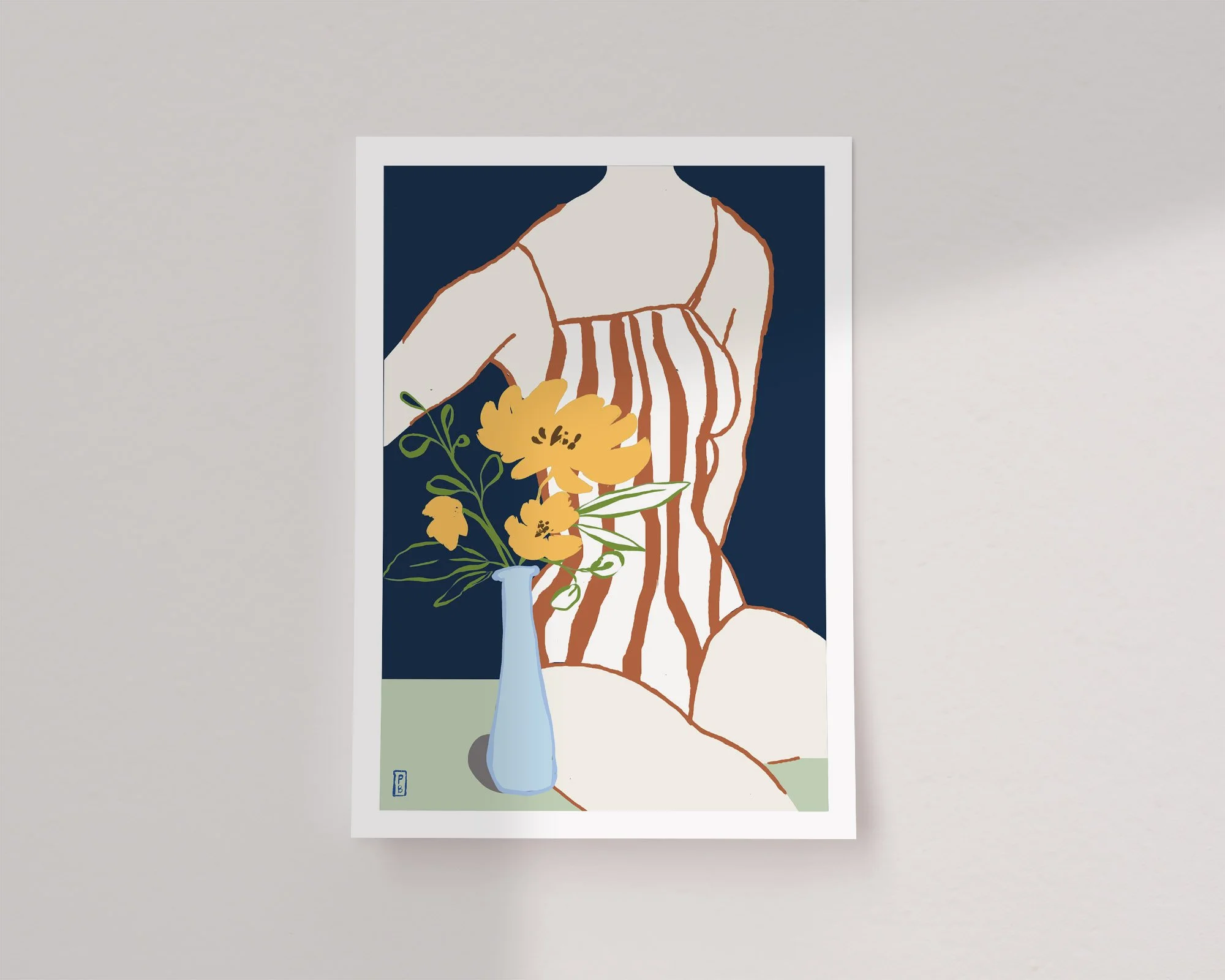 Figurative Floral Art Print Woman with Yellow Flowers in Blue Vase