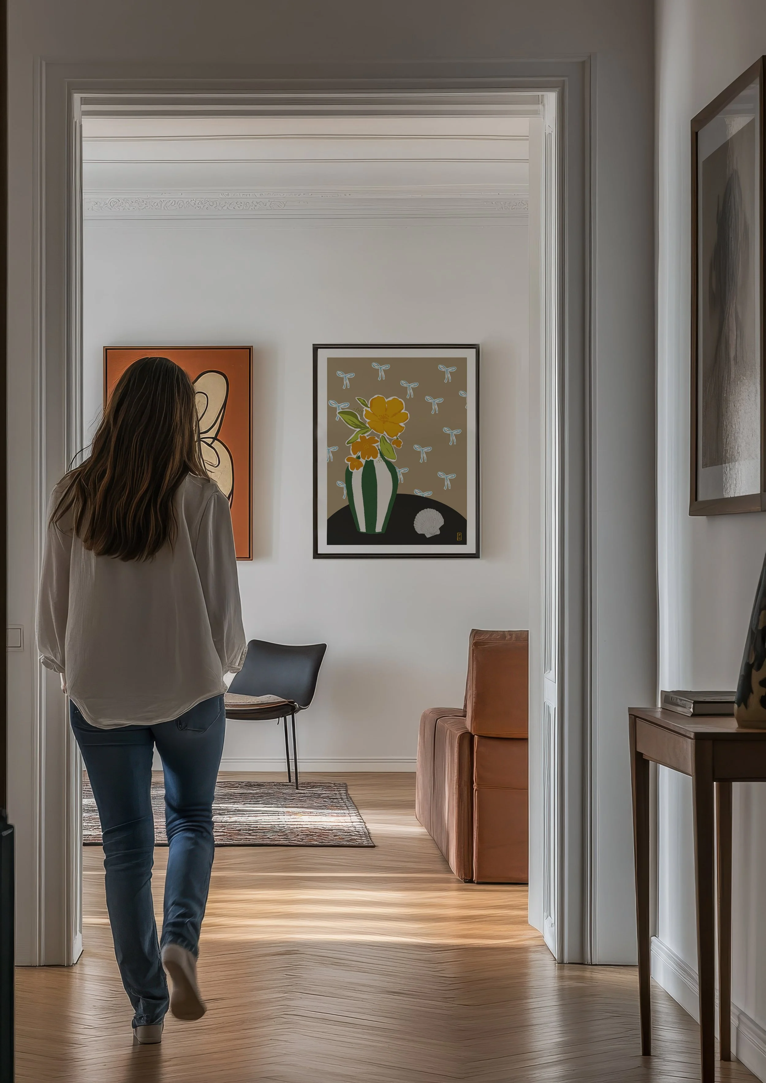 Art pritns botanical from original painting of orange flowers in green and white striped vase