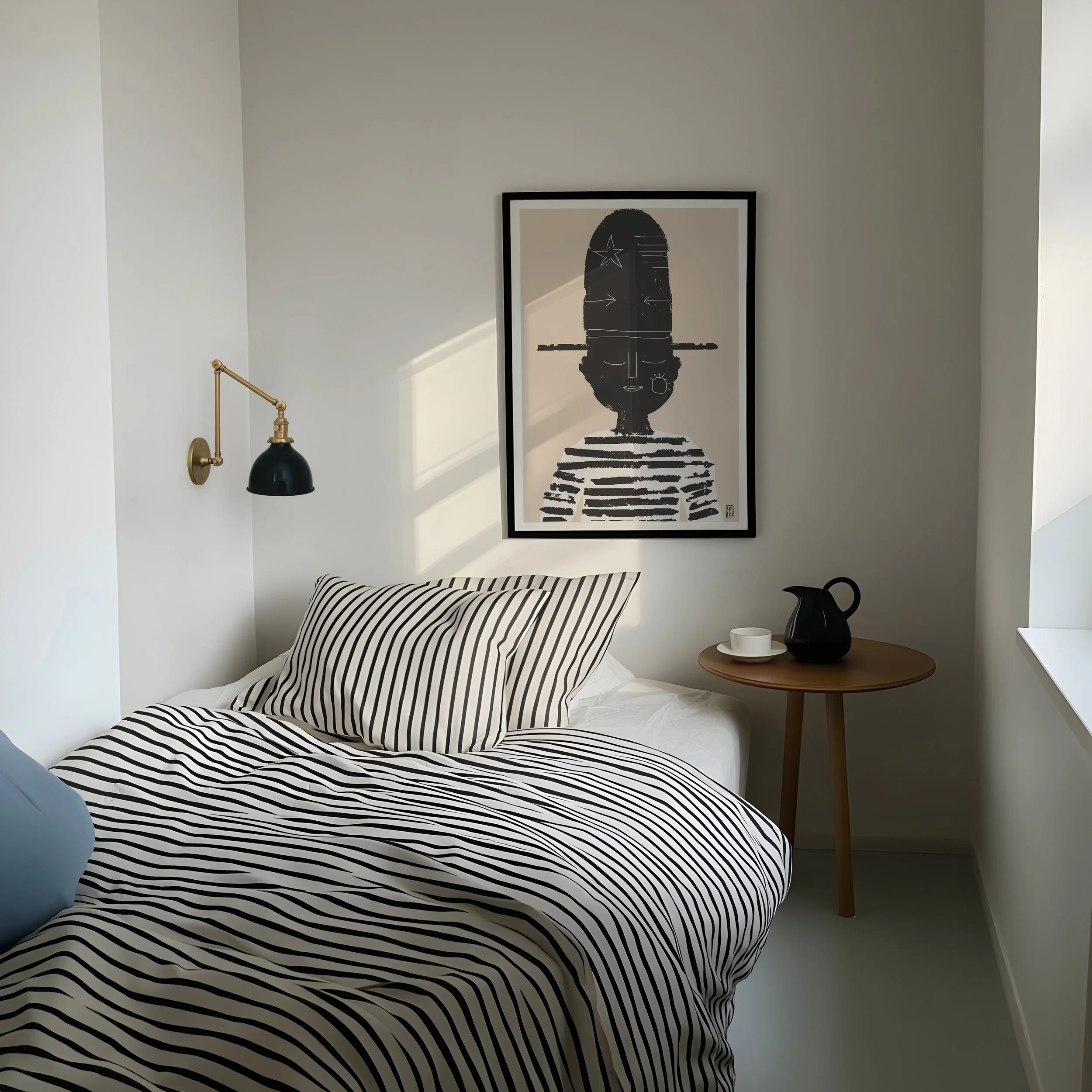 Art print of dark feminine figure portrait with striped shirt and black hat framed