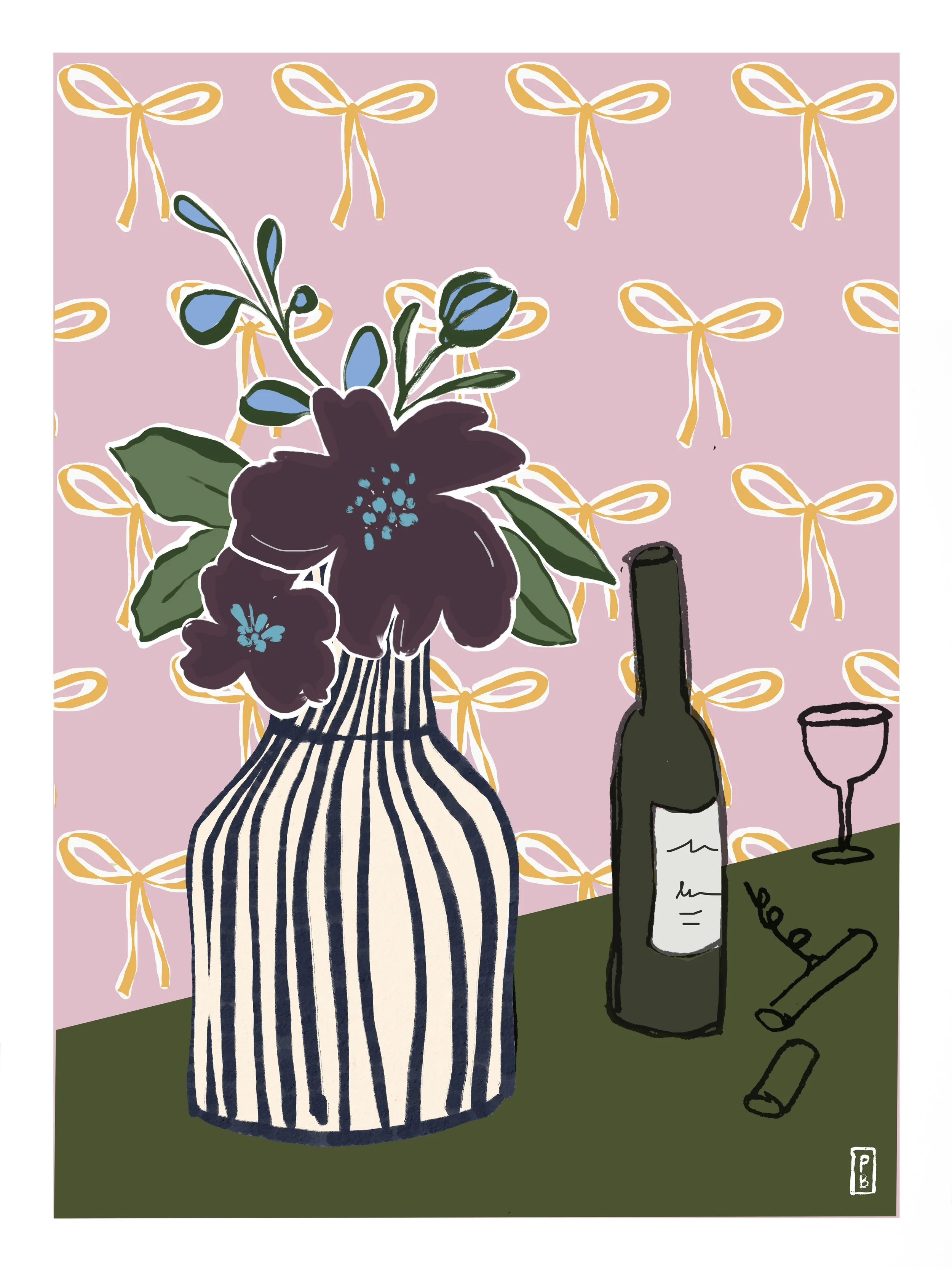 Art pritns botanical from original painting of purple flowers in navy and white striped vase