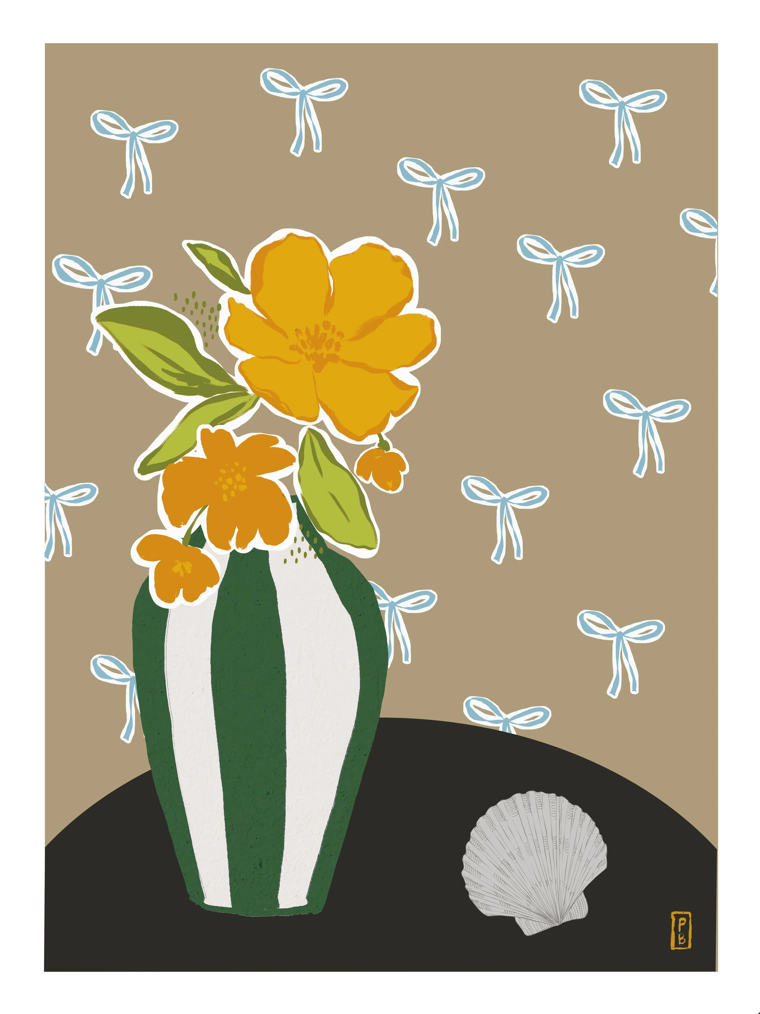 Art pritns botanical from original painting of orange flowers in green and white striped vase