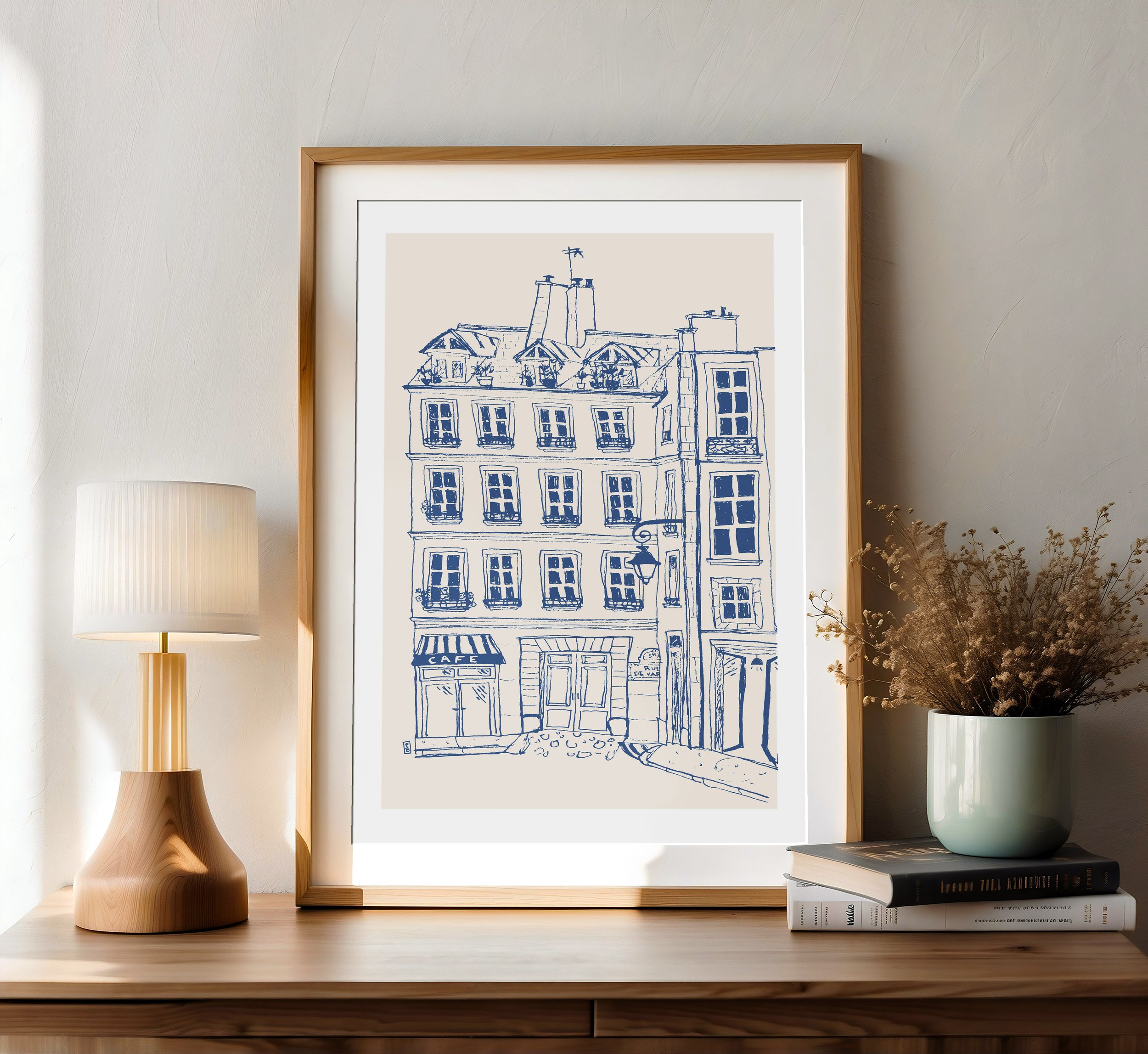 Travel print art of a cafe in paris by Pascale Berkowitz wall art for home decor