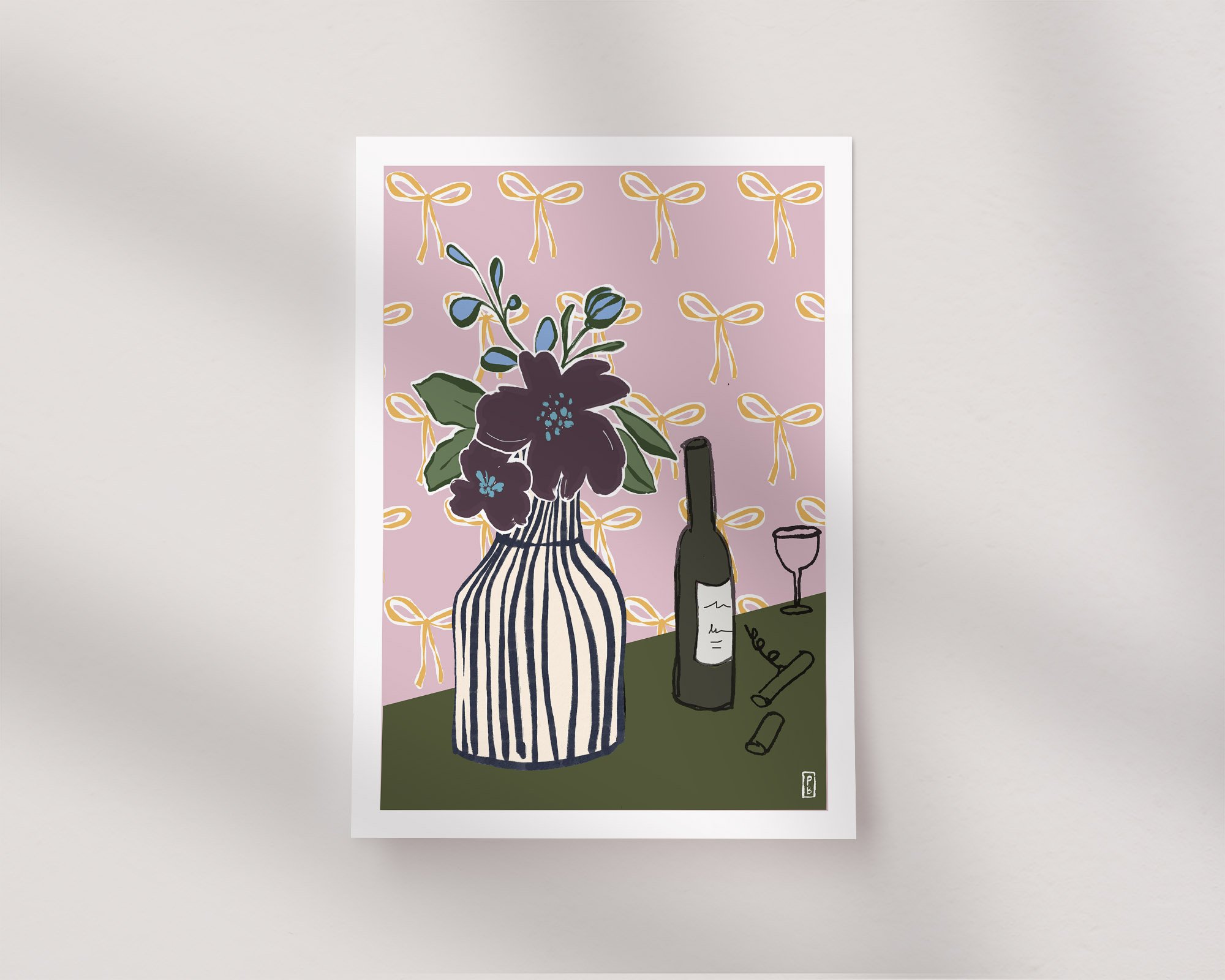 Art pritns botanical from original painting of purple flowers in navy and white striped vase