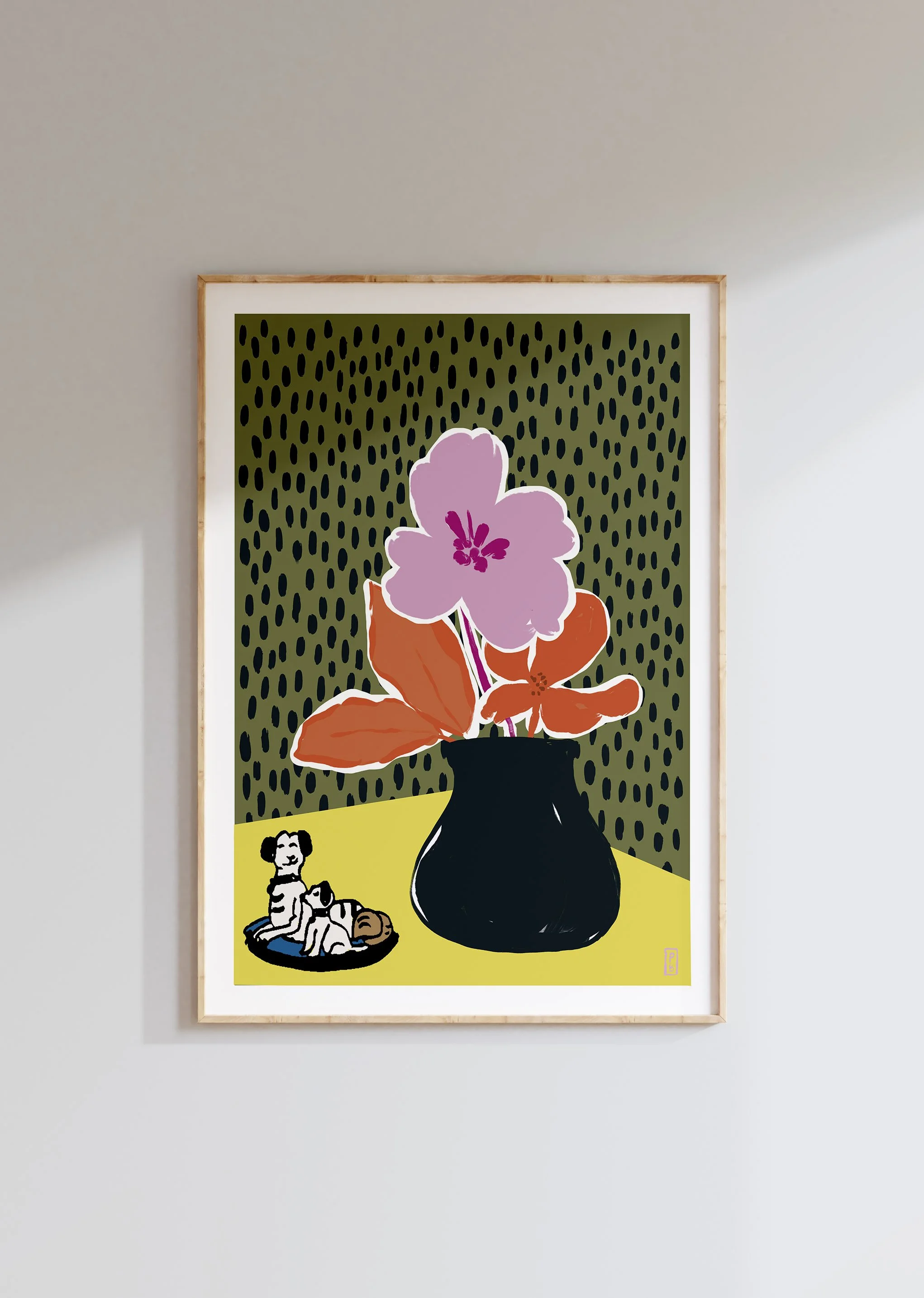 Art pritns botanical from original painting of pink flower in black vase
