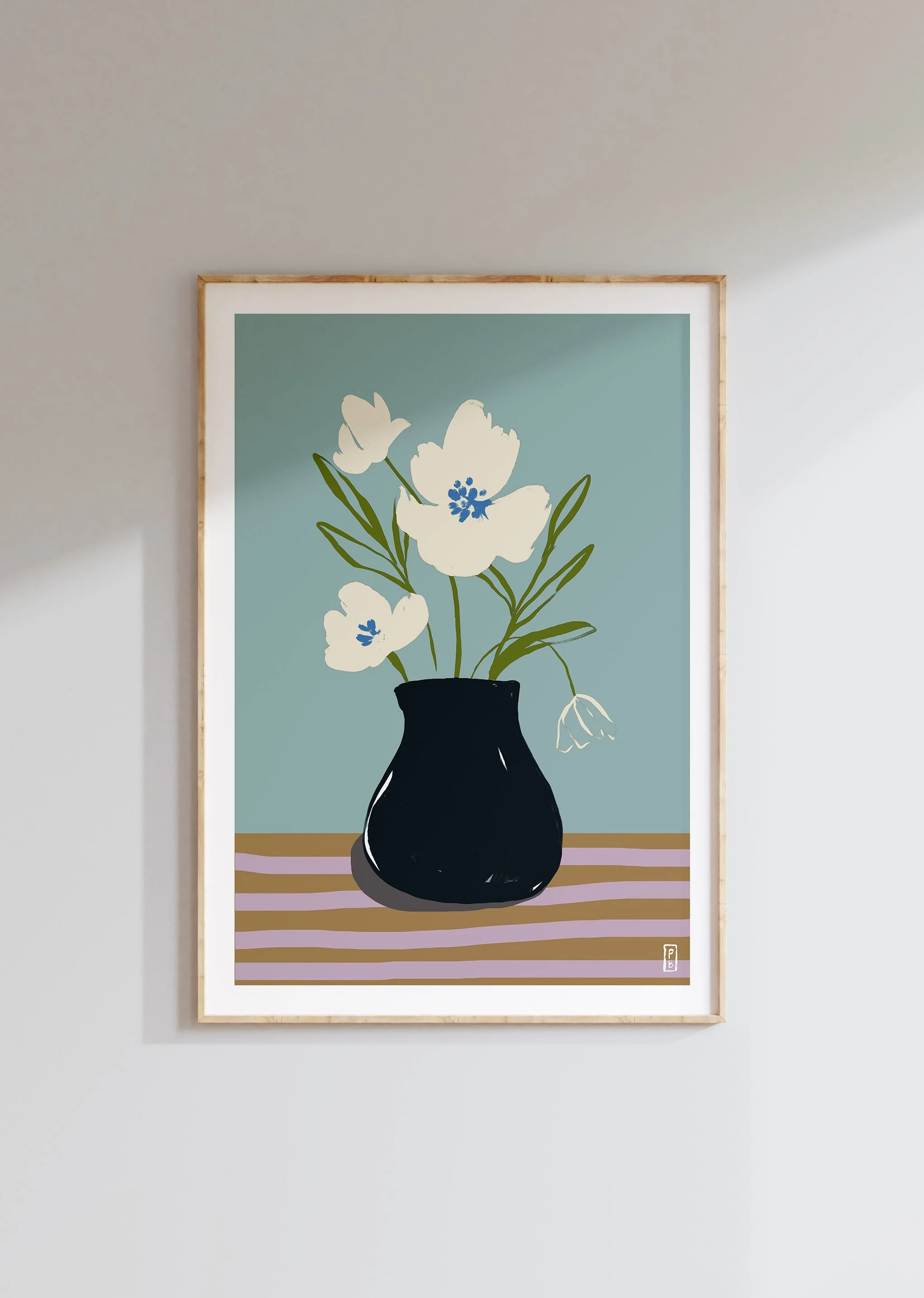 Art pritns botanical from original painting of cream flowers in black vase