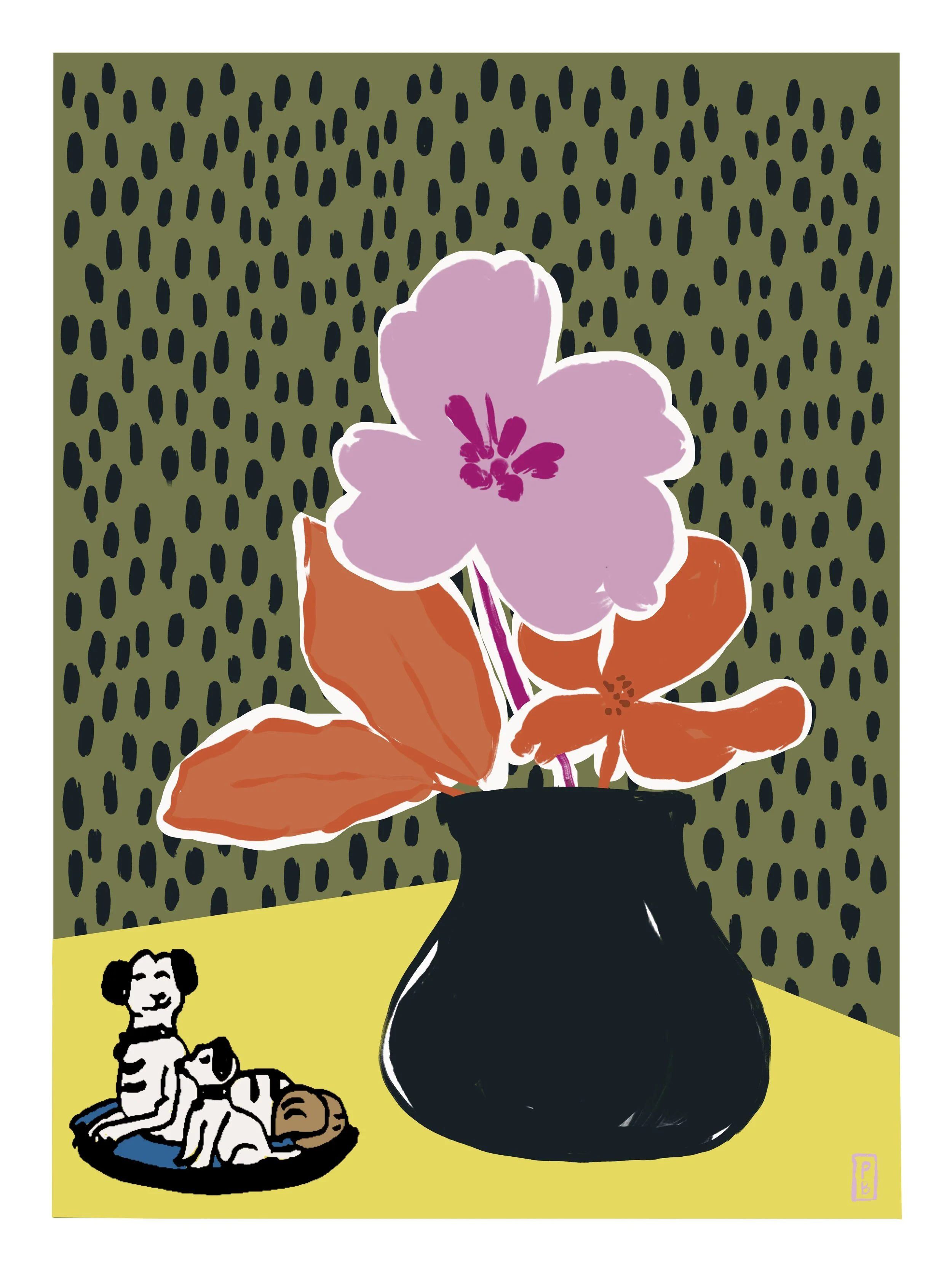 Art pritns botanical from original painting of pink flower in black vase