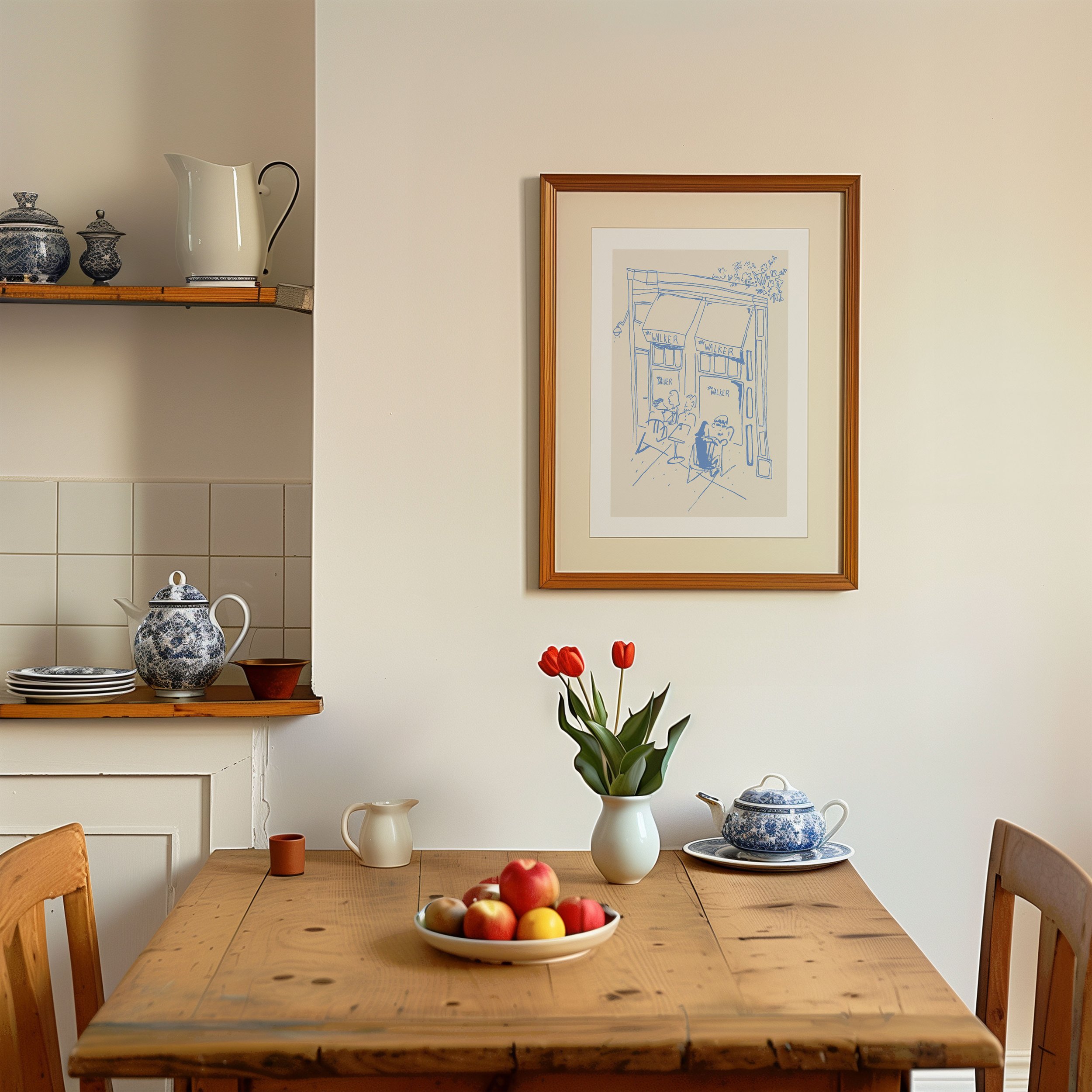 Line art print of the Walker Cafe framed in the dining room