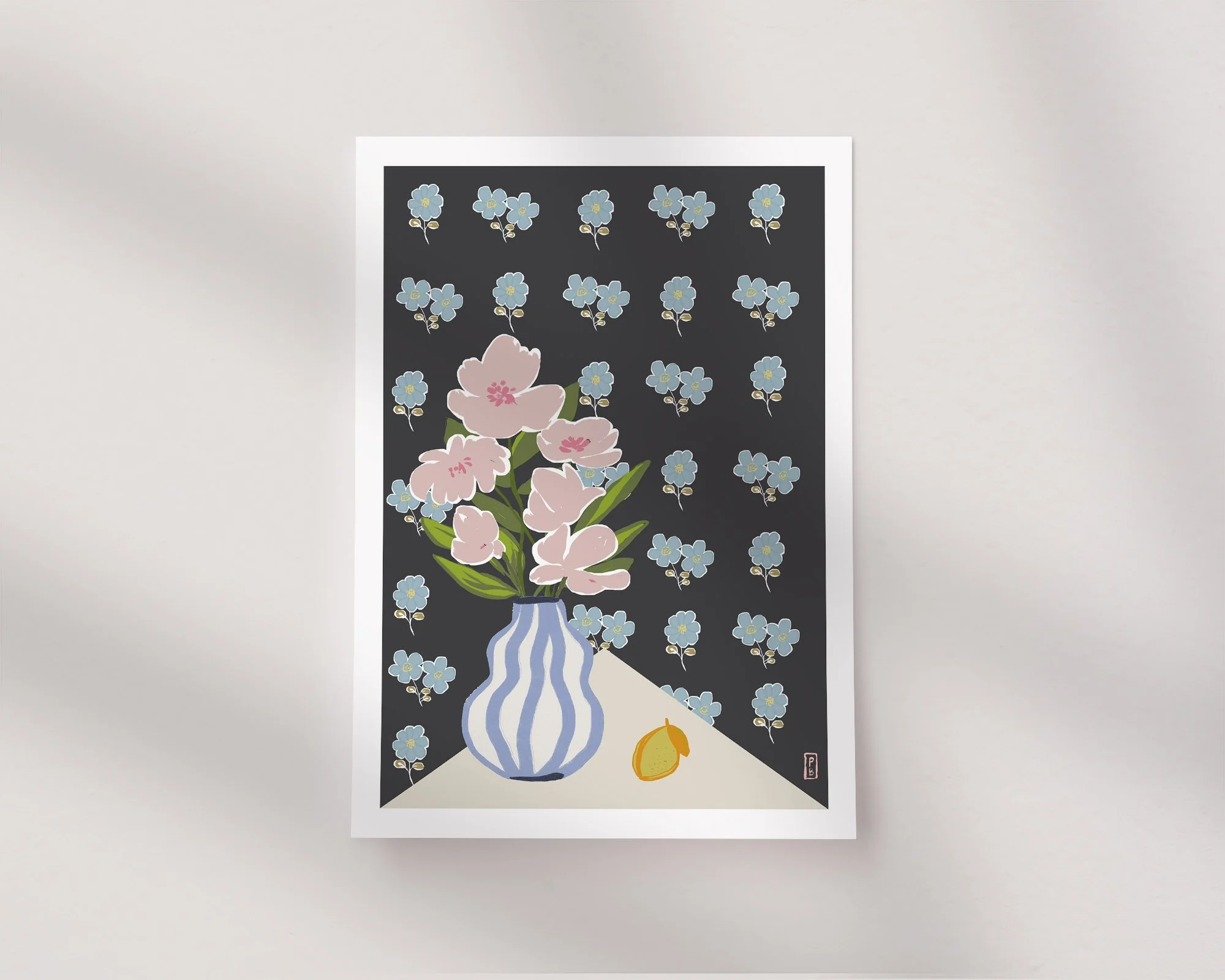 Art pritns botanical from original painting of pink flowers in blue and white striped vase