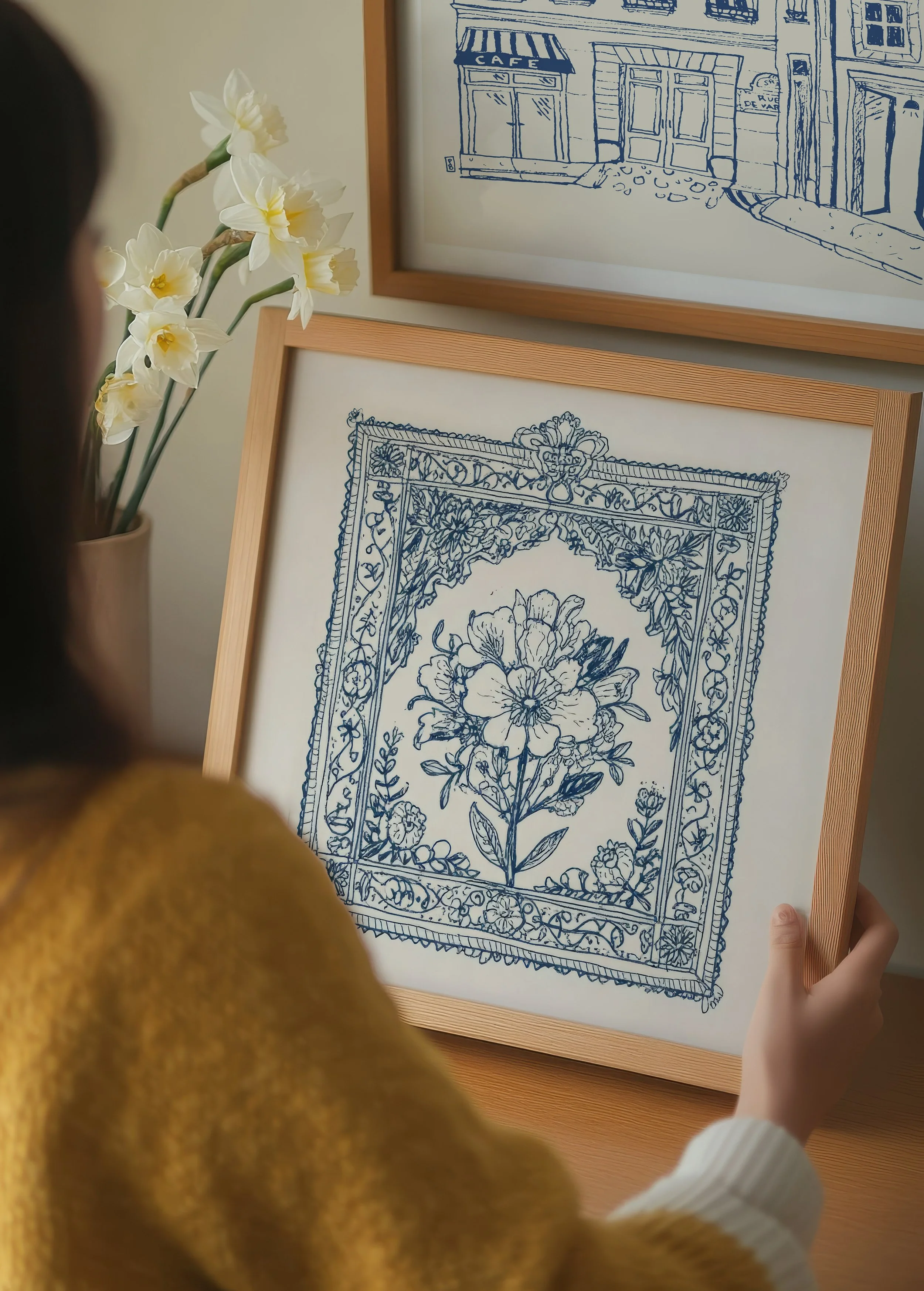 Blue floral illustration framed