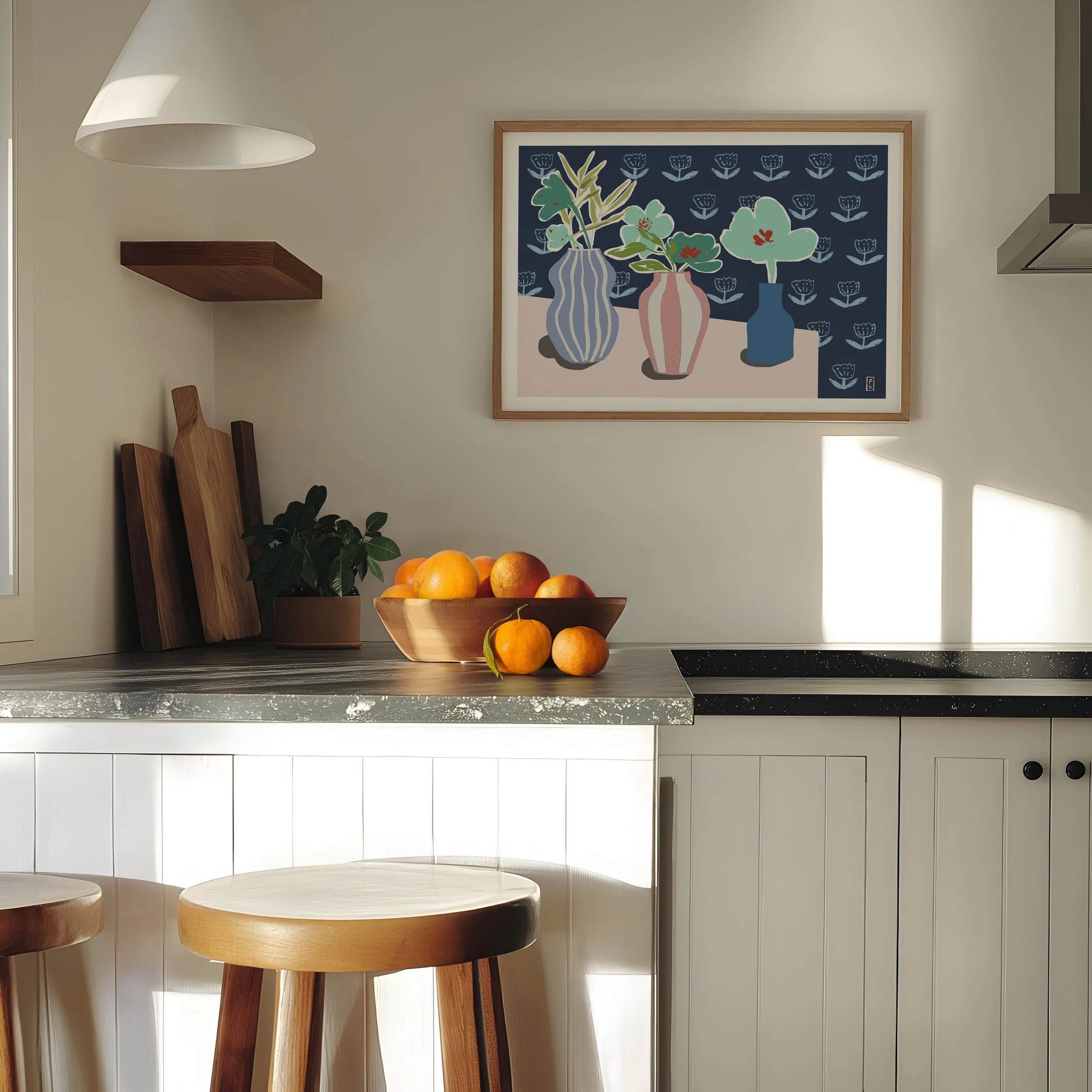 Art pritns botanical from original painting of three teal flowers in vases with blue ribbon wallpaper background