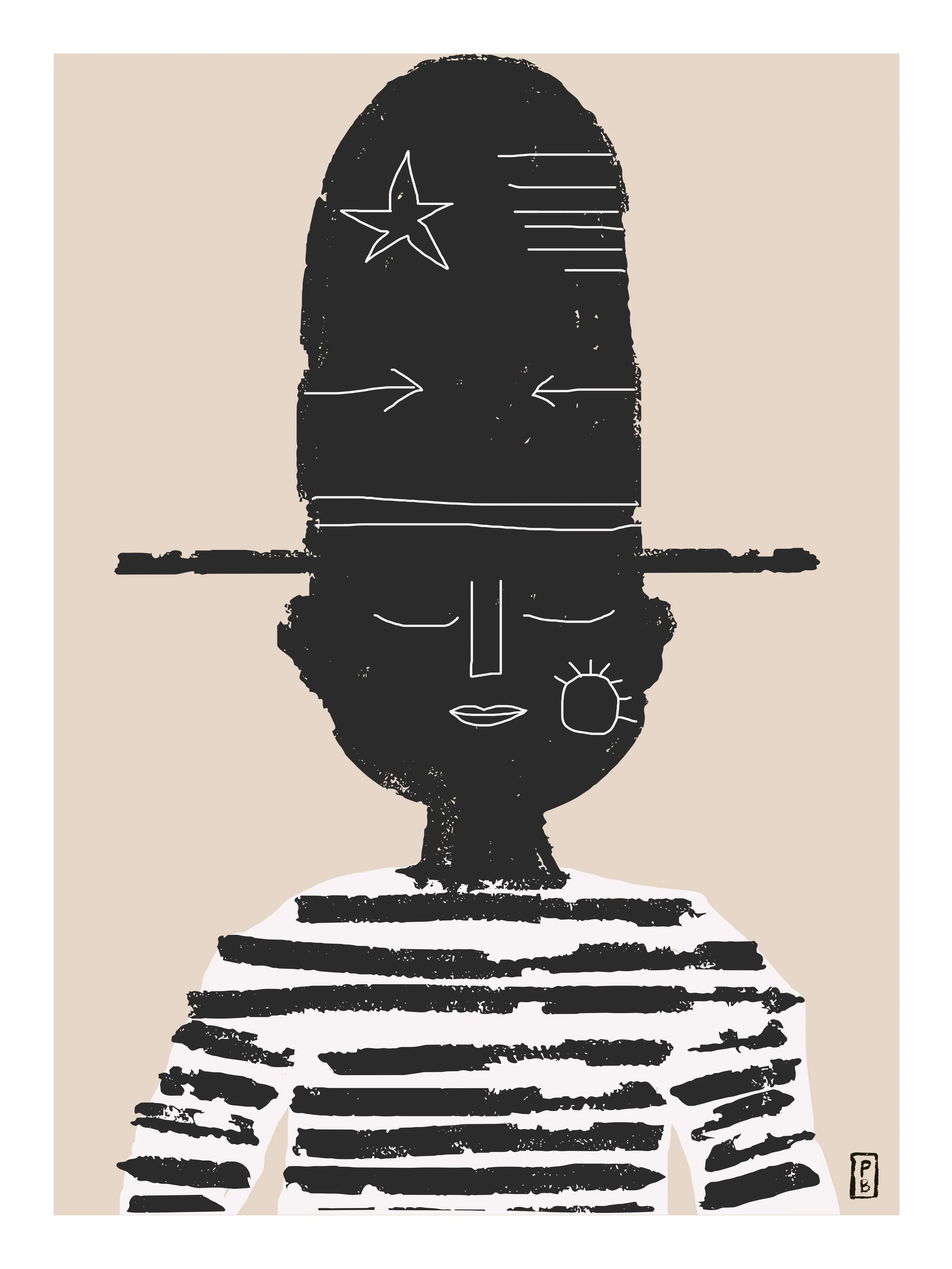 Art print from original gouache illustration of an abstract portrait with striped shirt and black hat unframed