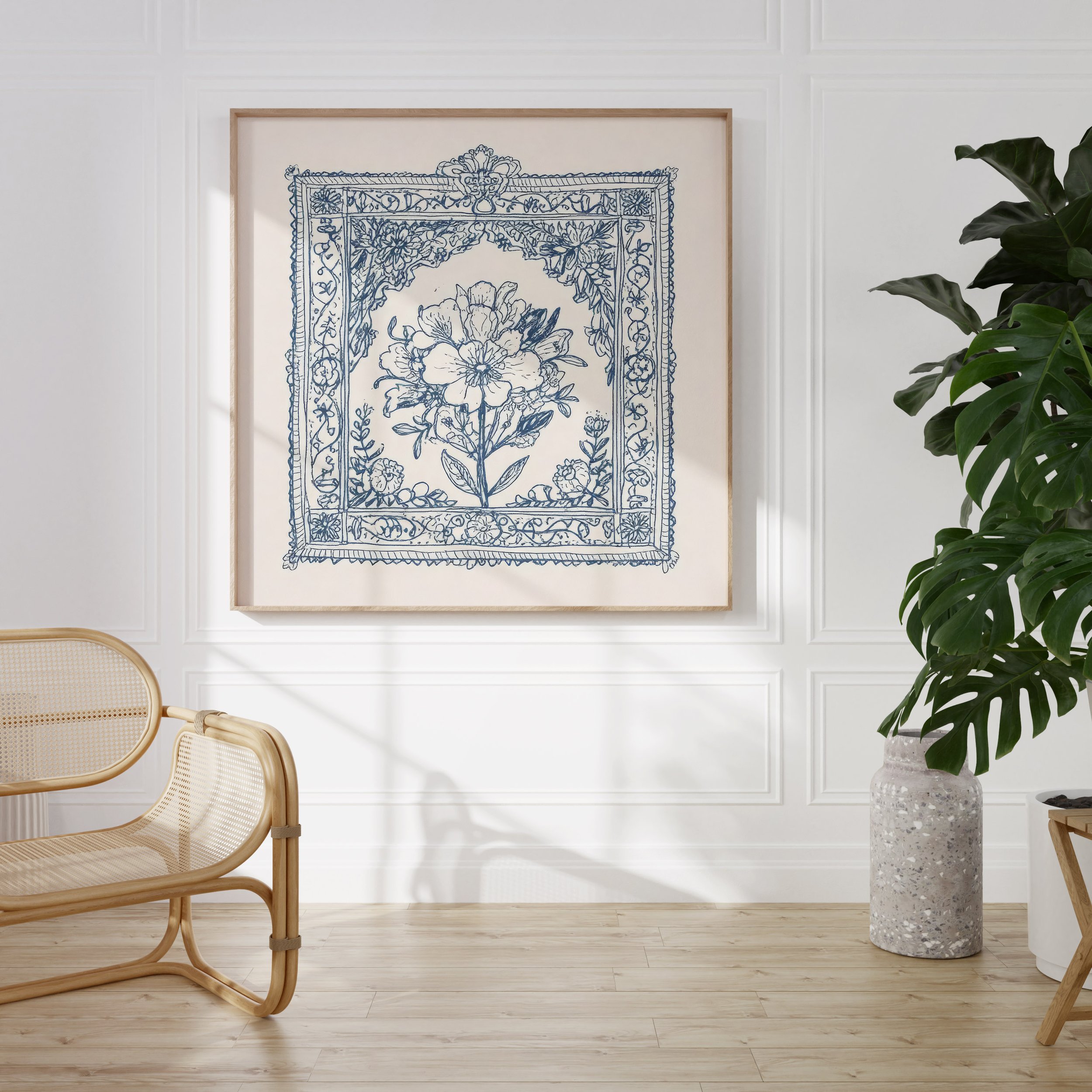 Blue damask floral vintage inspired drawing framed