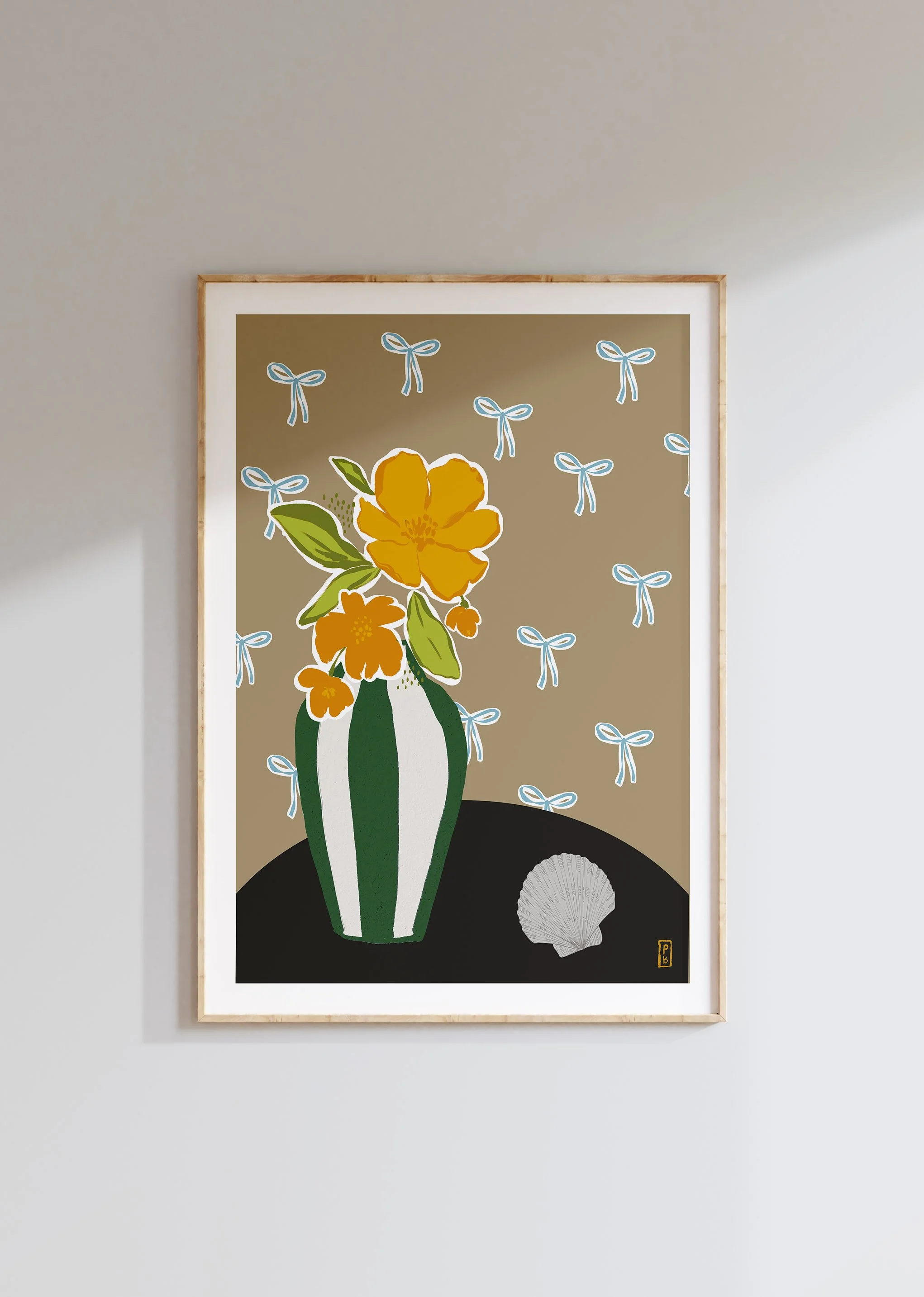 Art pritns botanical from original painting of orange flowers in green and white striped vase