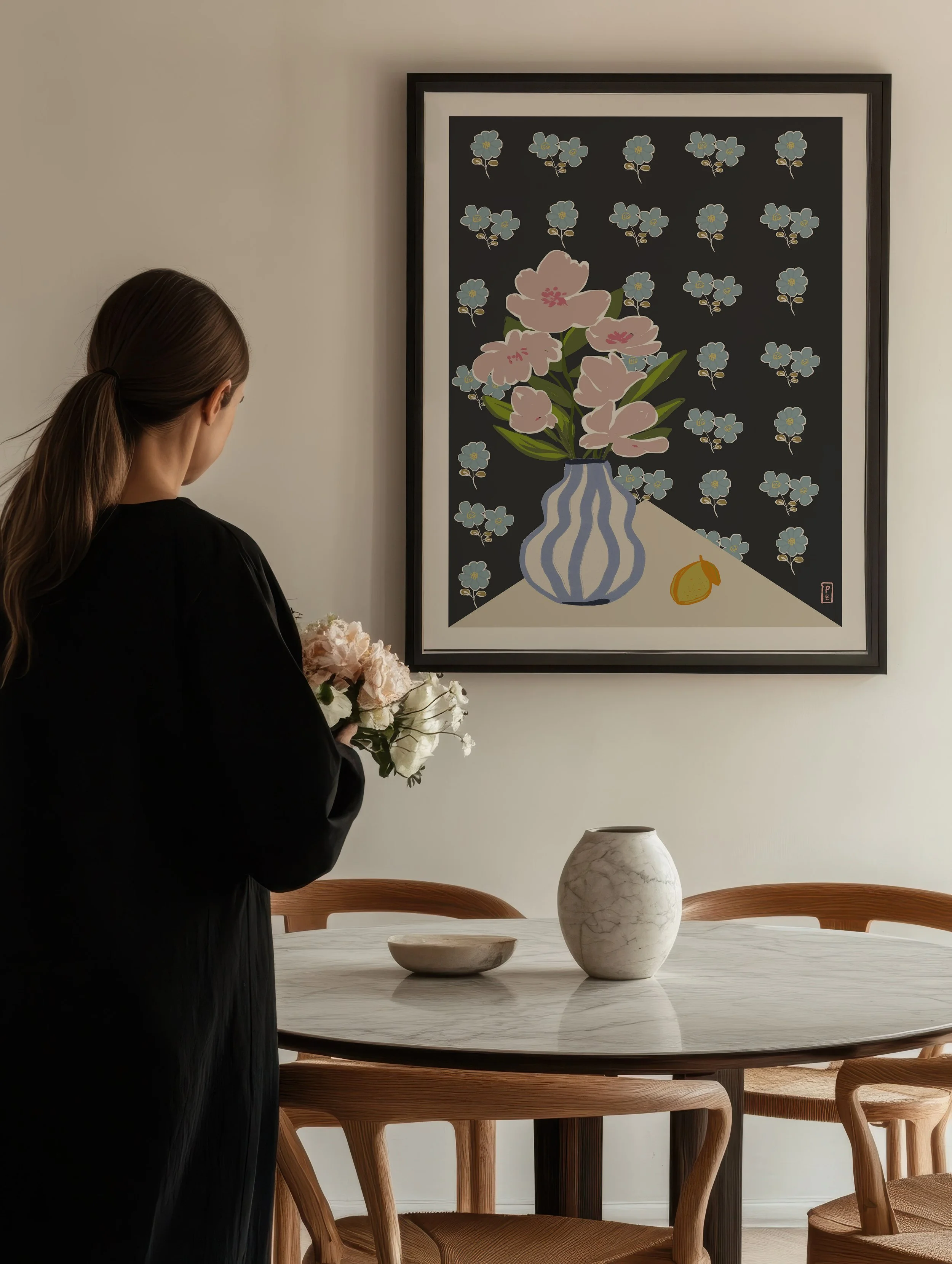 Art pritns botanical from original painting of pink flowers in blue and white striped vase