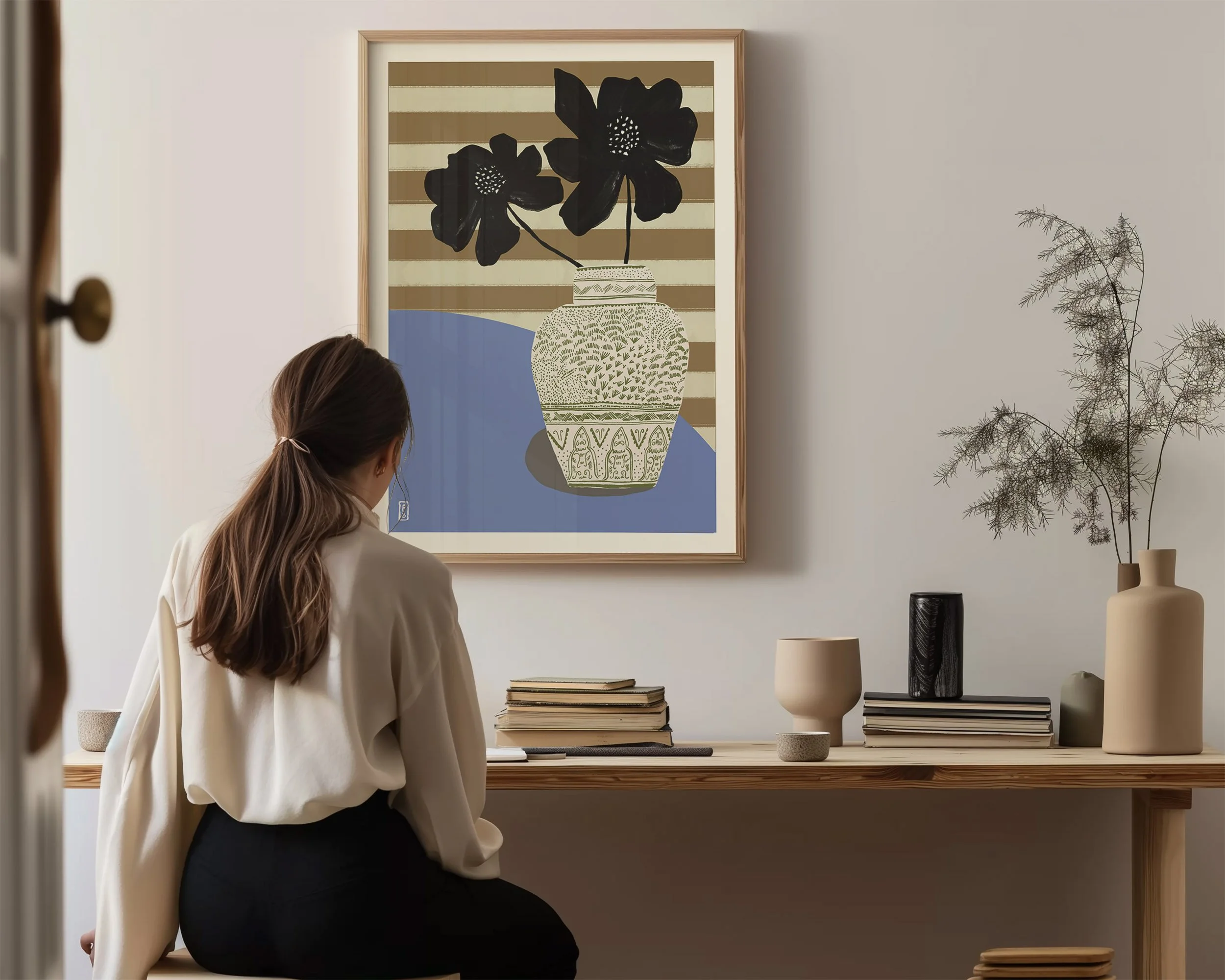 Art pritns botanical from original painting of black flowers in white round vase framed for home decor