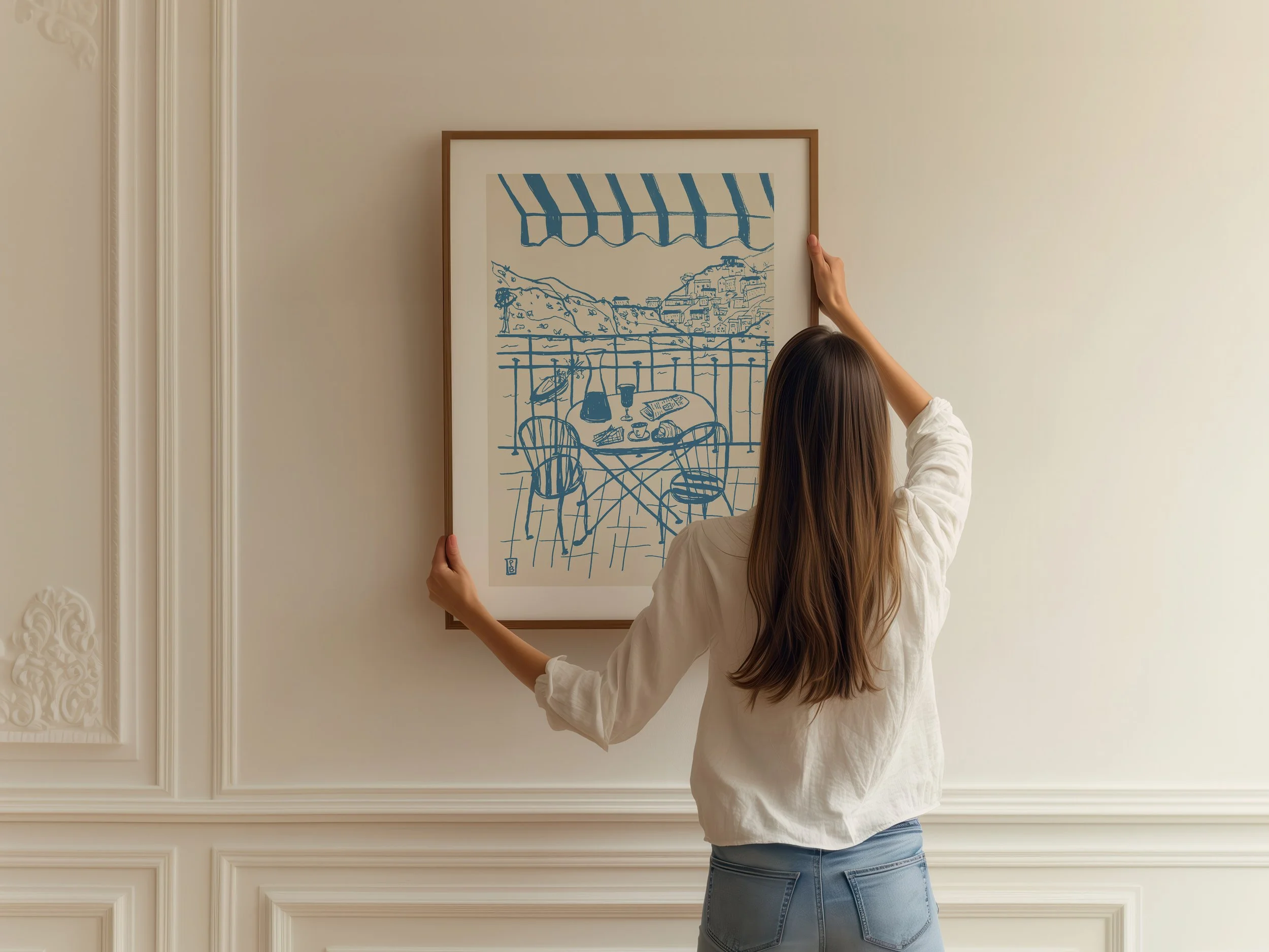 Blue illustration art print of Positano, Italy for home wall decor