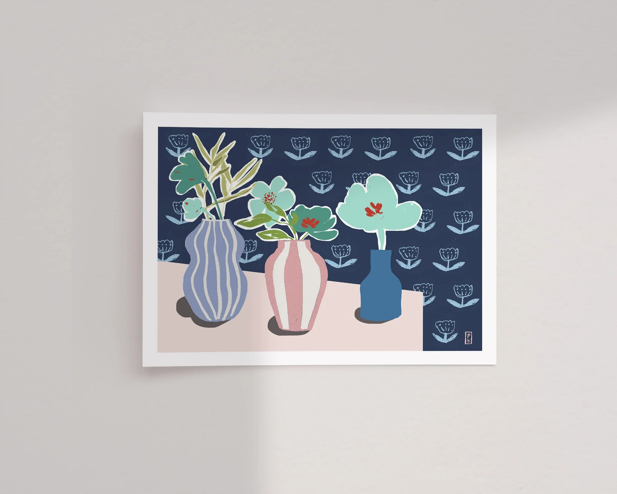 Art pritns botanical from original painting of three teal flowers in vases with blue ribbon wallpaper background