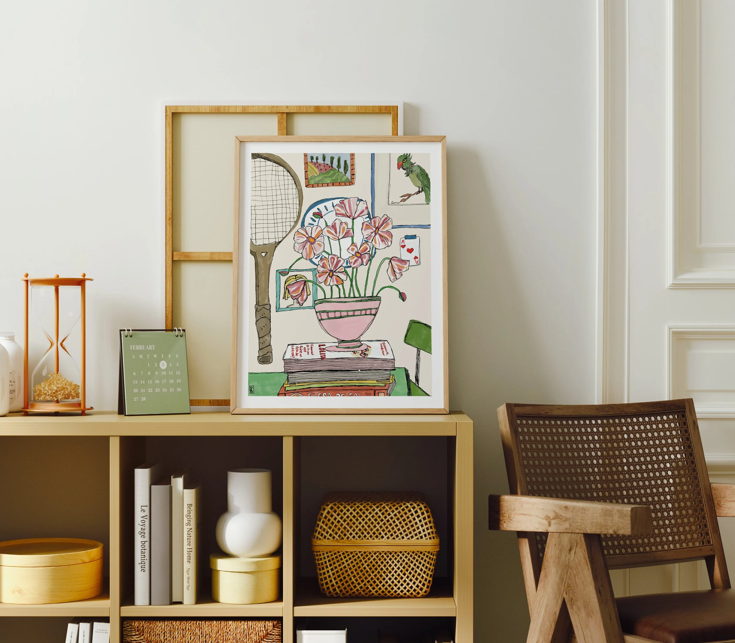 Floral art print from original illustration of a hand-drawn yellow florals framed in living room