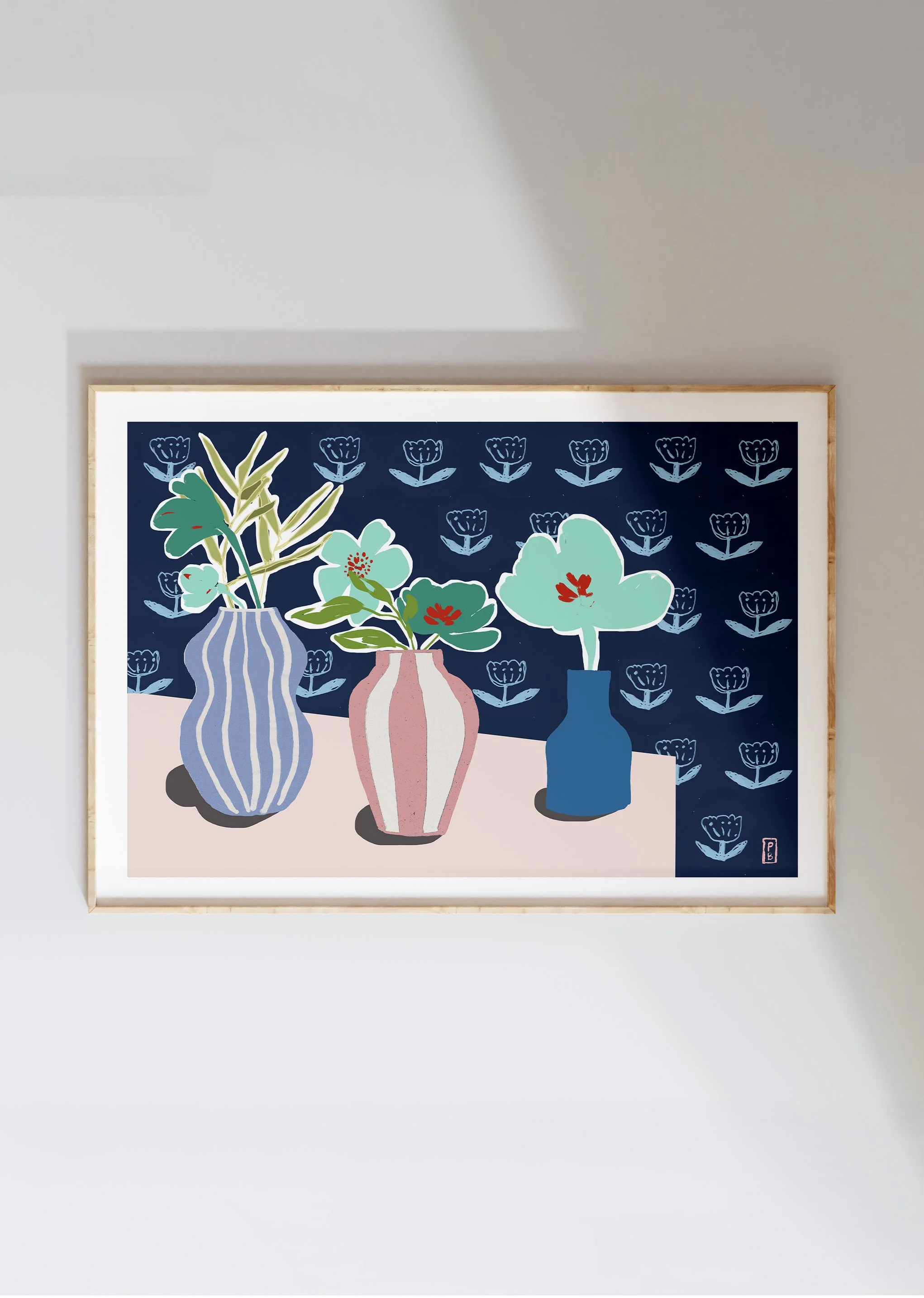 Art pritns botanical from original painting of three teal flowers in vases with blue ribbon wallpaper background