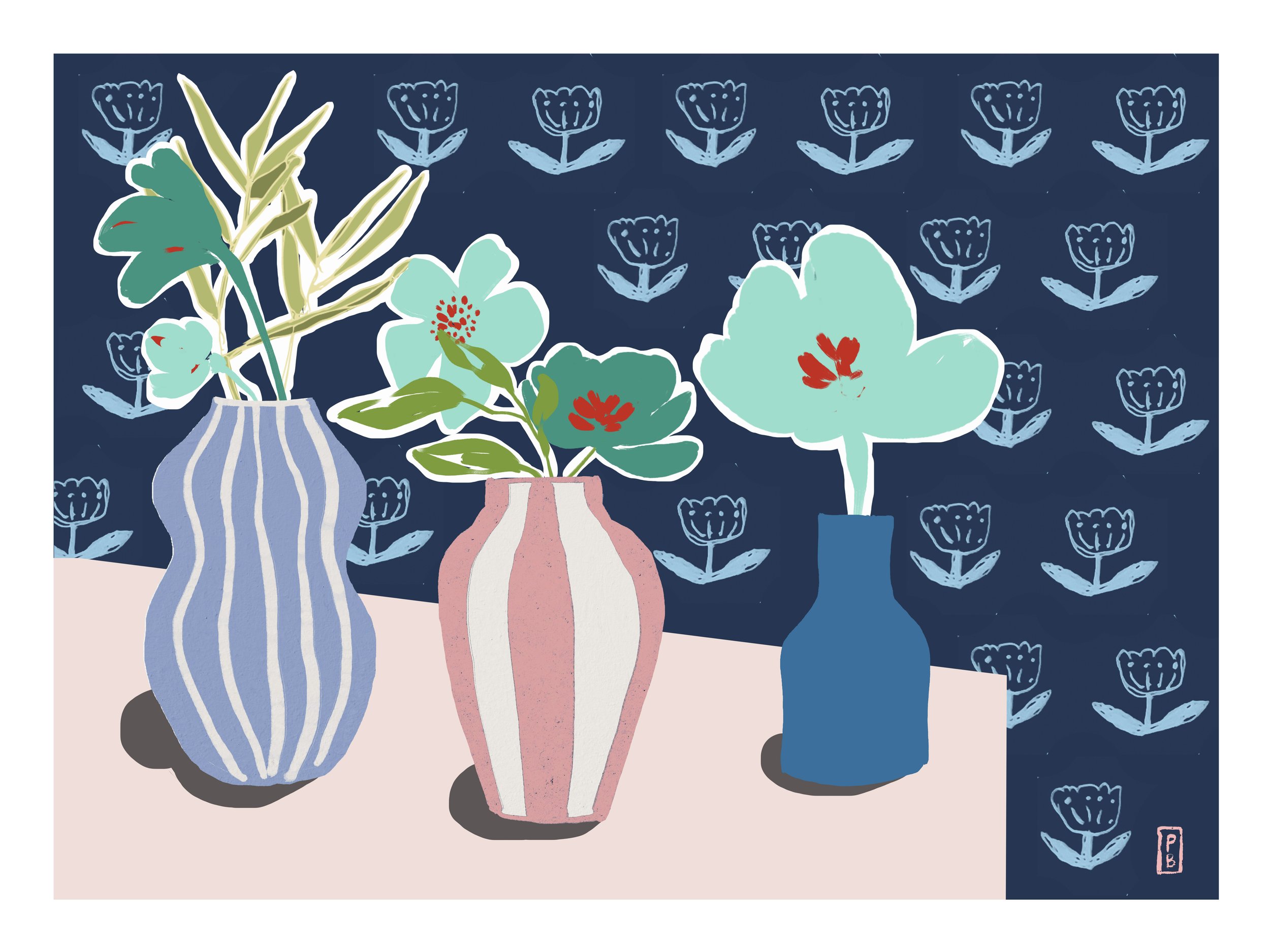Art pritns botanical from original painting of three teal flowers in vases with blue ribbon wallpaper background