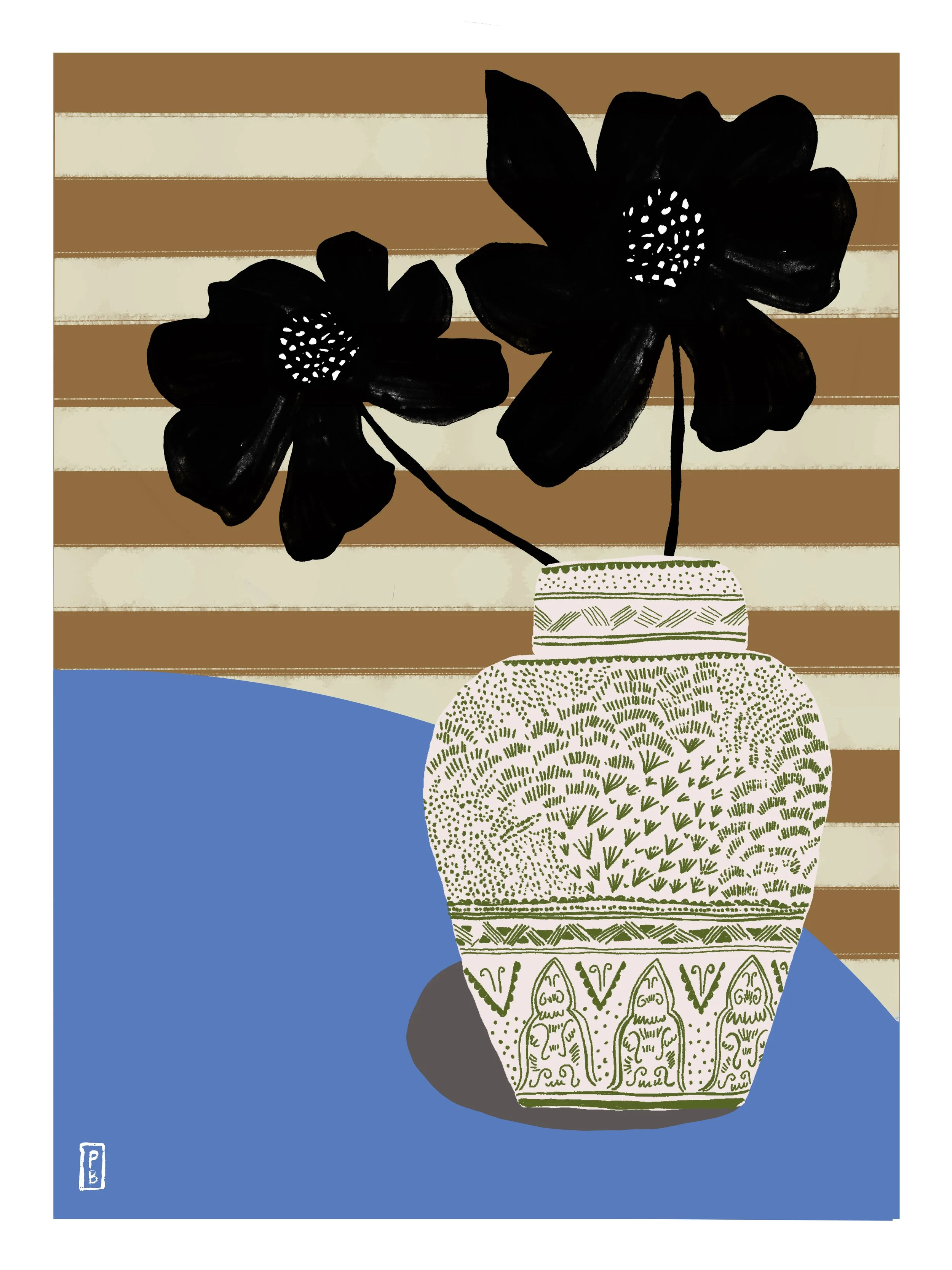 Art pritns botanical from original painting of black flowers in white round vase