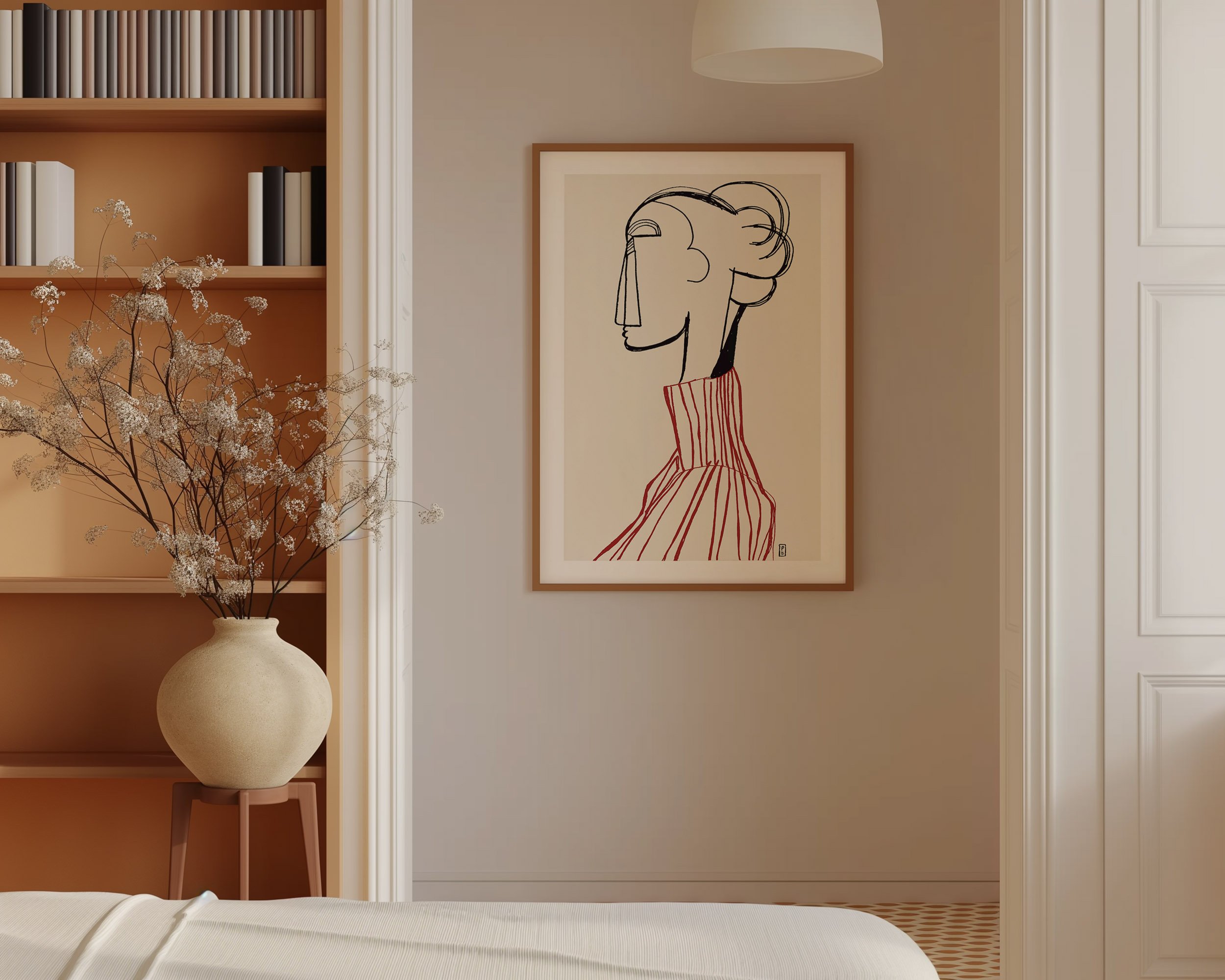 Feminine art prints from an original abstract illustration of woman wearing a red sweater by Pascale Berkowitz framed for home decor