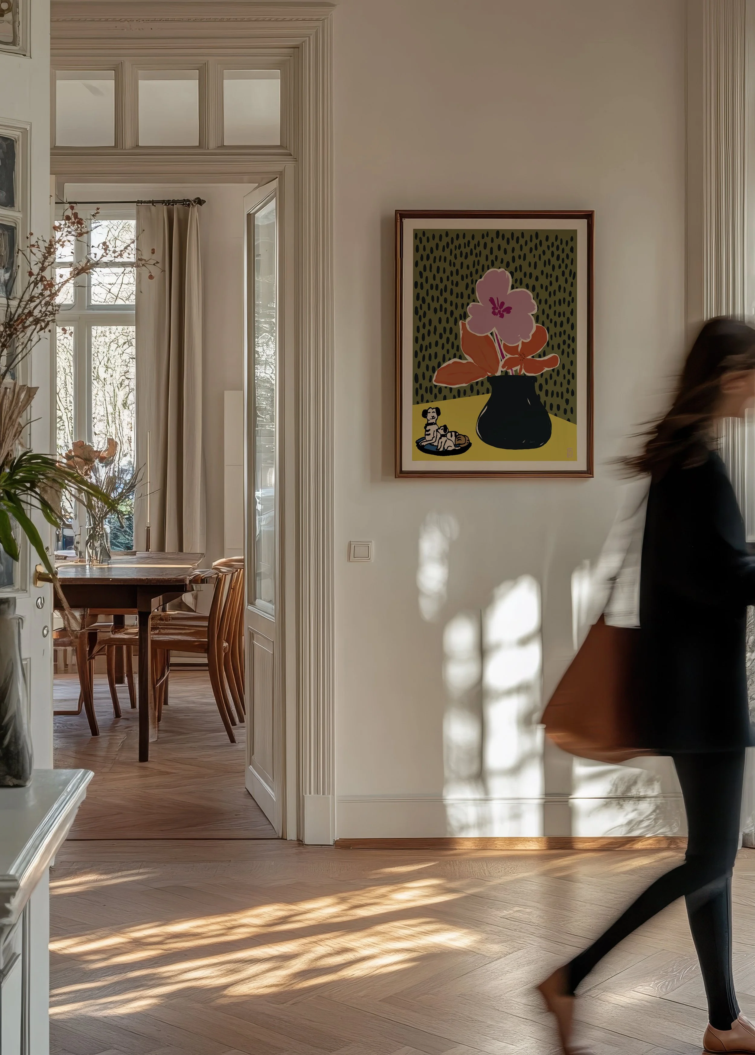 Art pritns botanical from original painting of pink flower in black vase