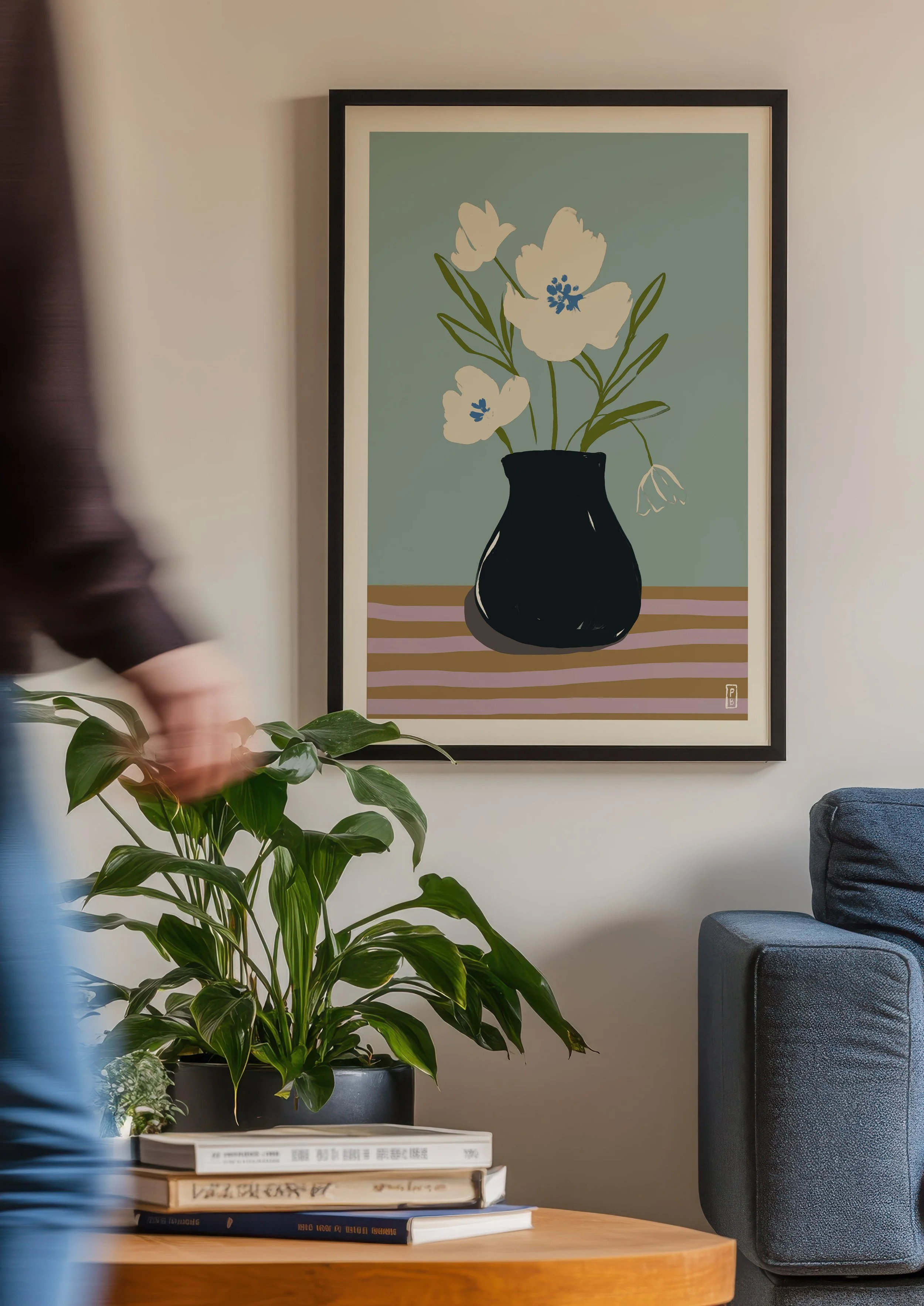 Art pritns botanical from original painting of cream flowers in black vase